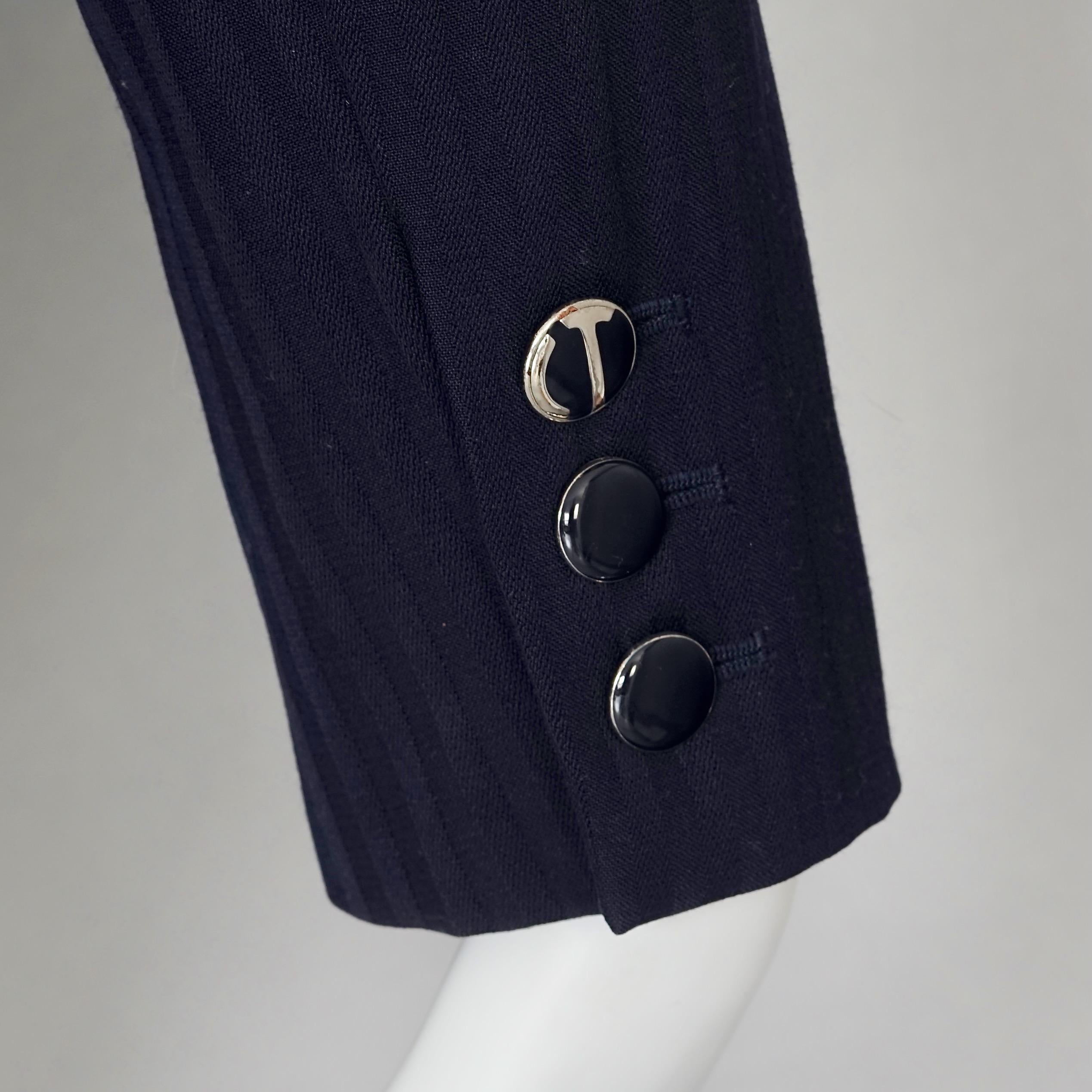 Vintage CHANTAL THOMASS Irregular Openwork Self Stripe Navy Blue Blazer Jacket For Sale 5