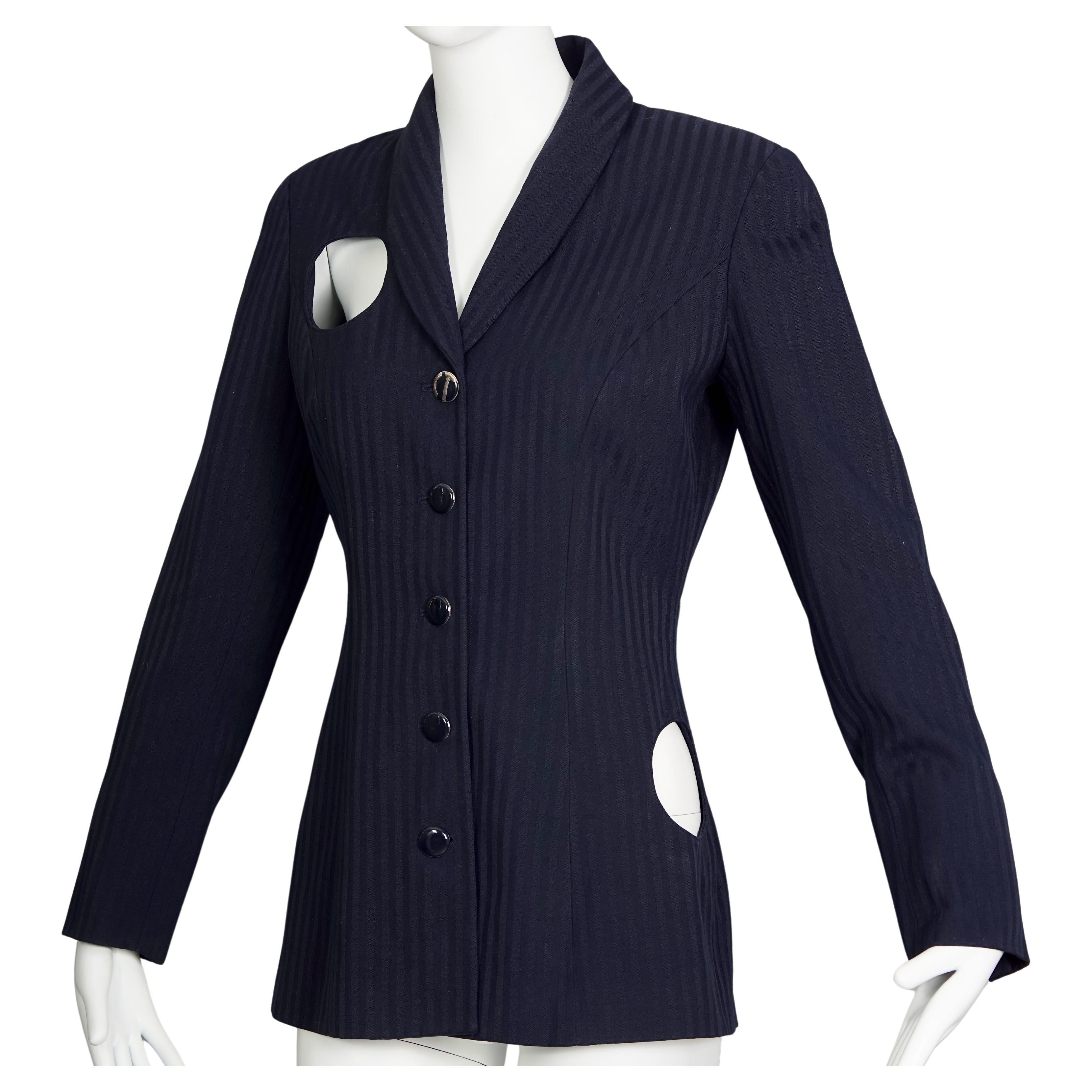 Vintage CHANTAL THOMASS Irregular Openwork Self Stripe Navy Blue Blazer Jacket For Sale