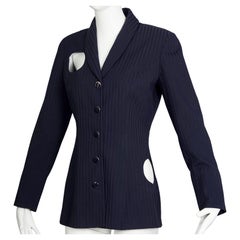 Retro CHANTAL THOMASS Irregular Openwork Self Stripe Navy Blue Blazer Jacket