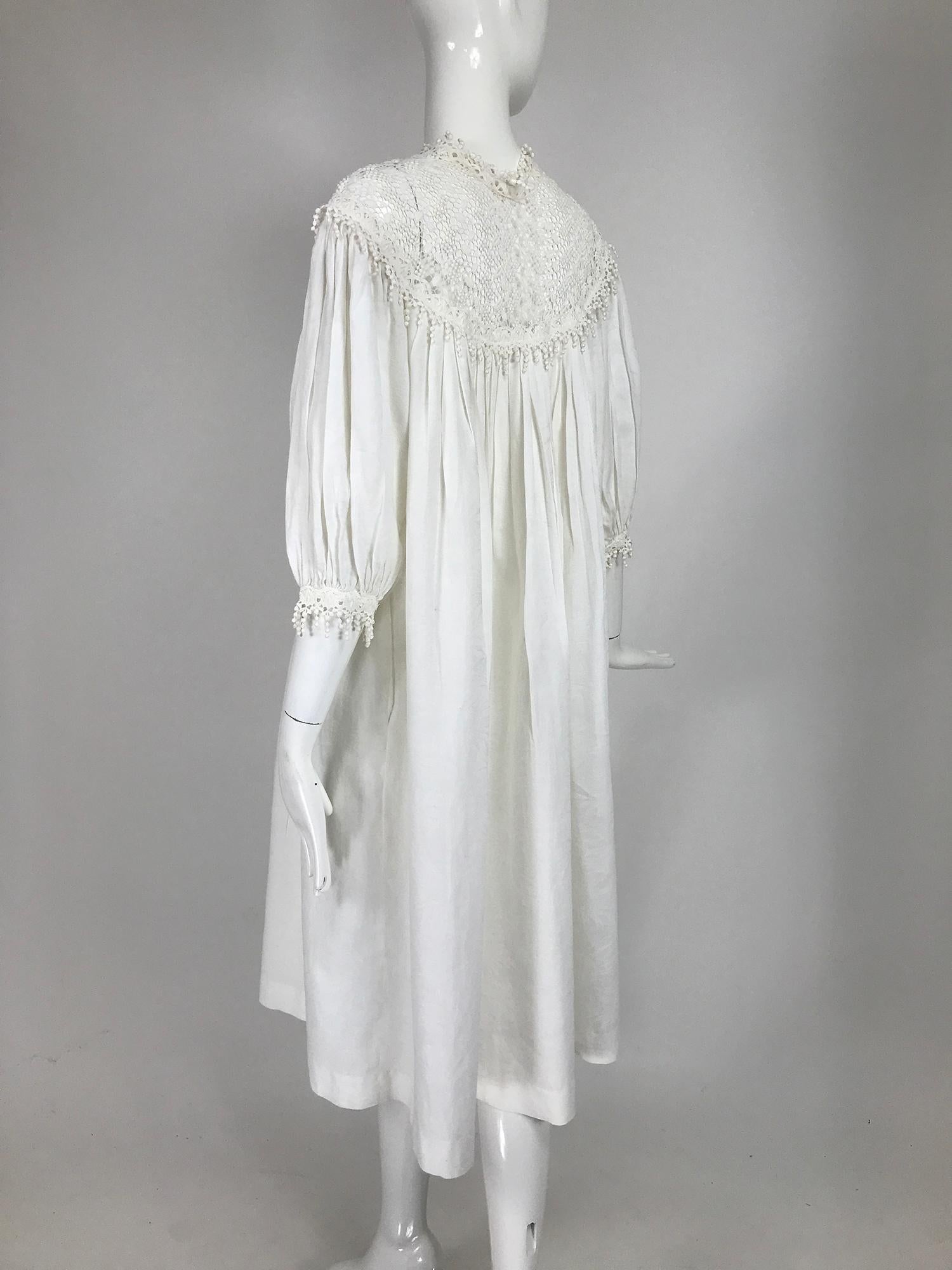Gray Vintage Chantal Thomass Ivory Crochet Yoke Damask Peasant Dress 1970s For Sale