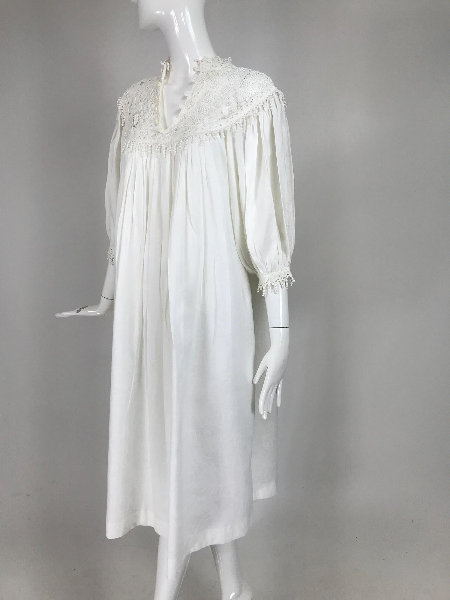 Vintage Chantal Thomass Ivory Crochet Yoke Damask Peasant Dress 1970s In Excellent Condition For Sale In West Palm Beach, FL