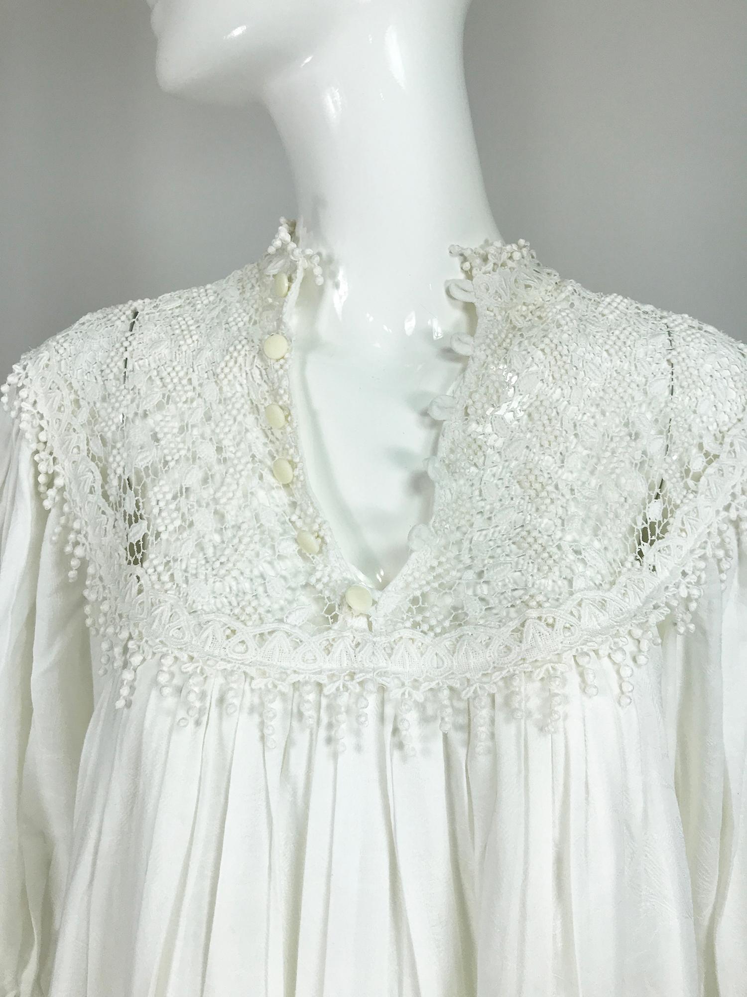 Women's Vintage Chantal Thomass Ivory Crochet Yoke Damask Peasant Dress 1970s For Sale
