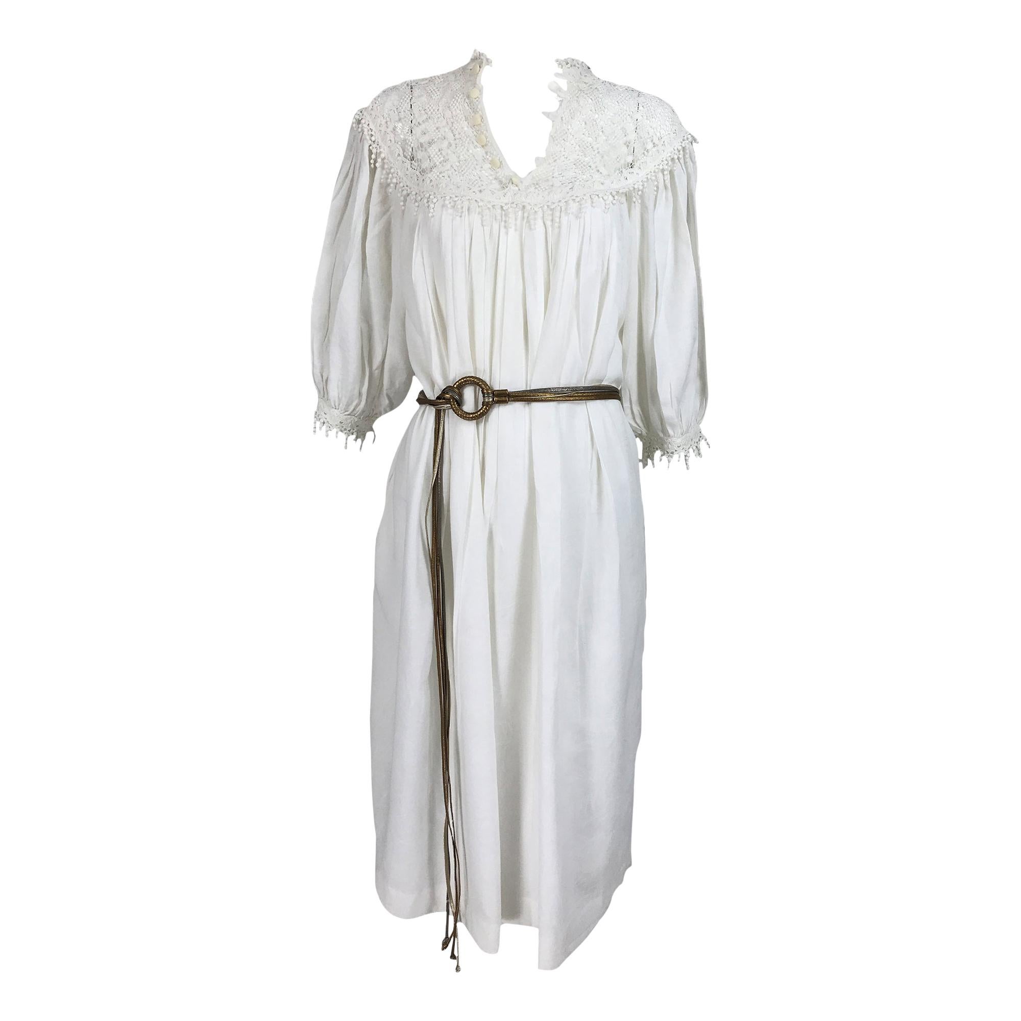 Vintage Chantal Thomass Ivory Crochet Yoke Damask Peasant Dress 1970s For Sale