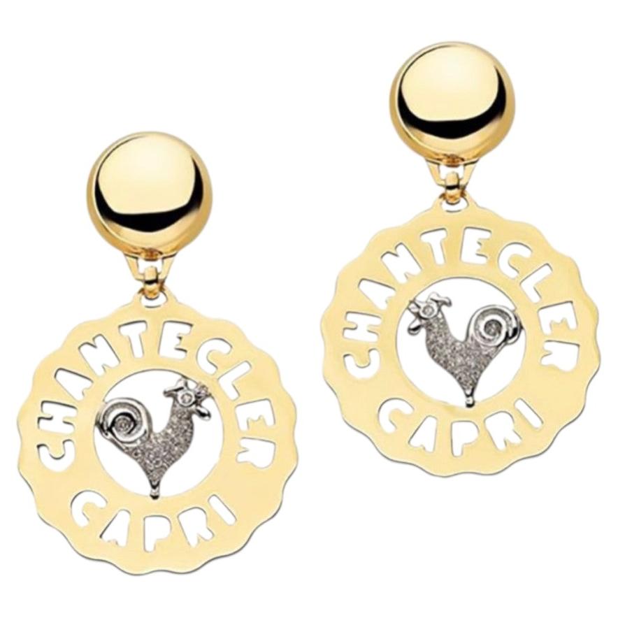 Vintage Chantecler Capri Rooster Logo Earrings in 18k Gold and Diamonds For Sale