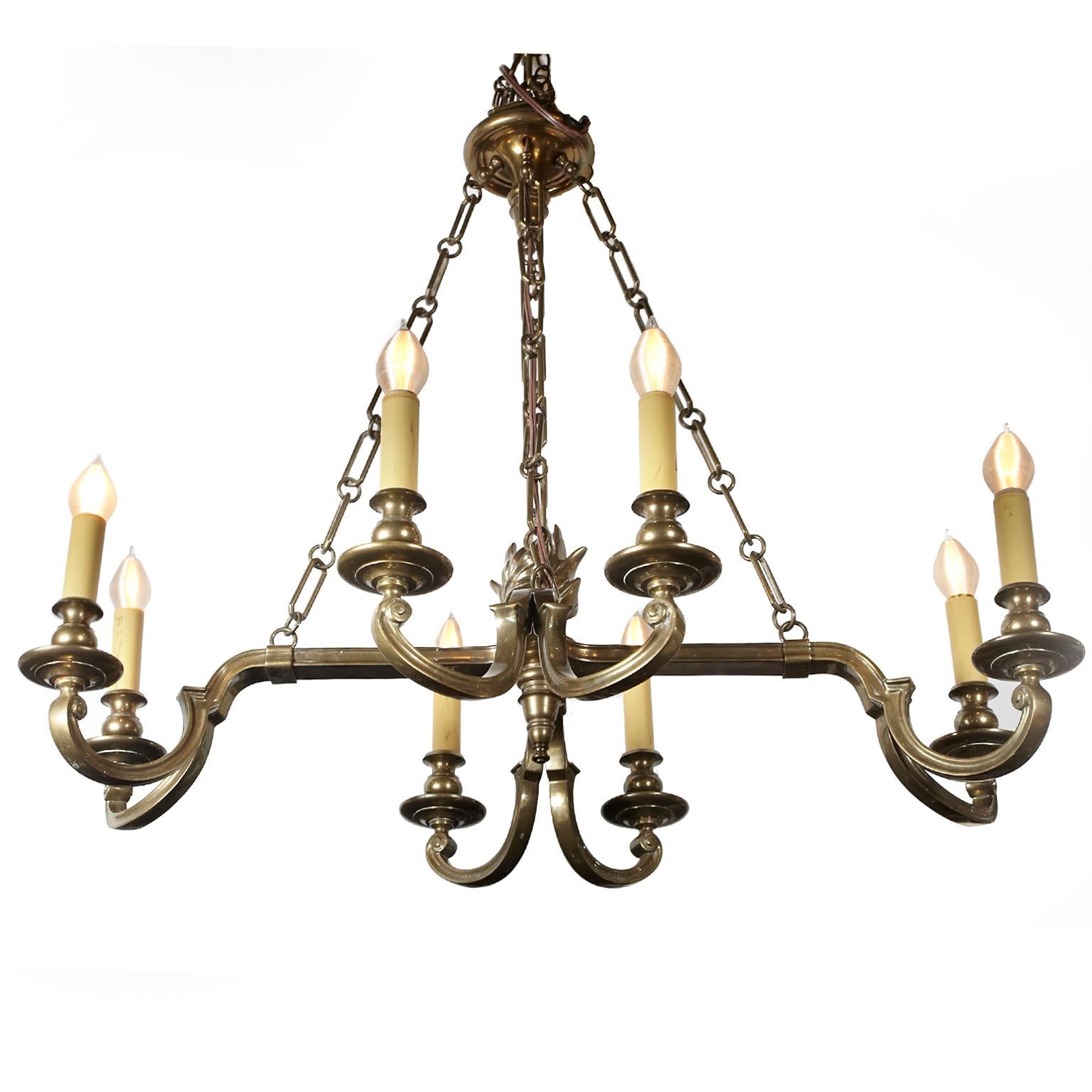 Exquisite heavy vintage Chapman eight light chandelier with brass torch center.
Label intact and dated 1979.