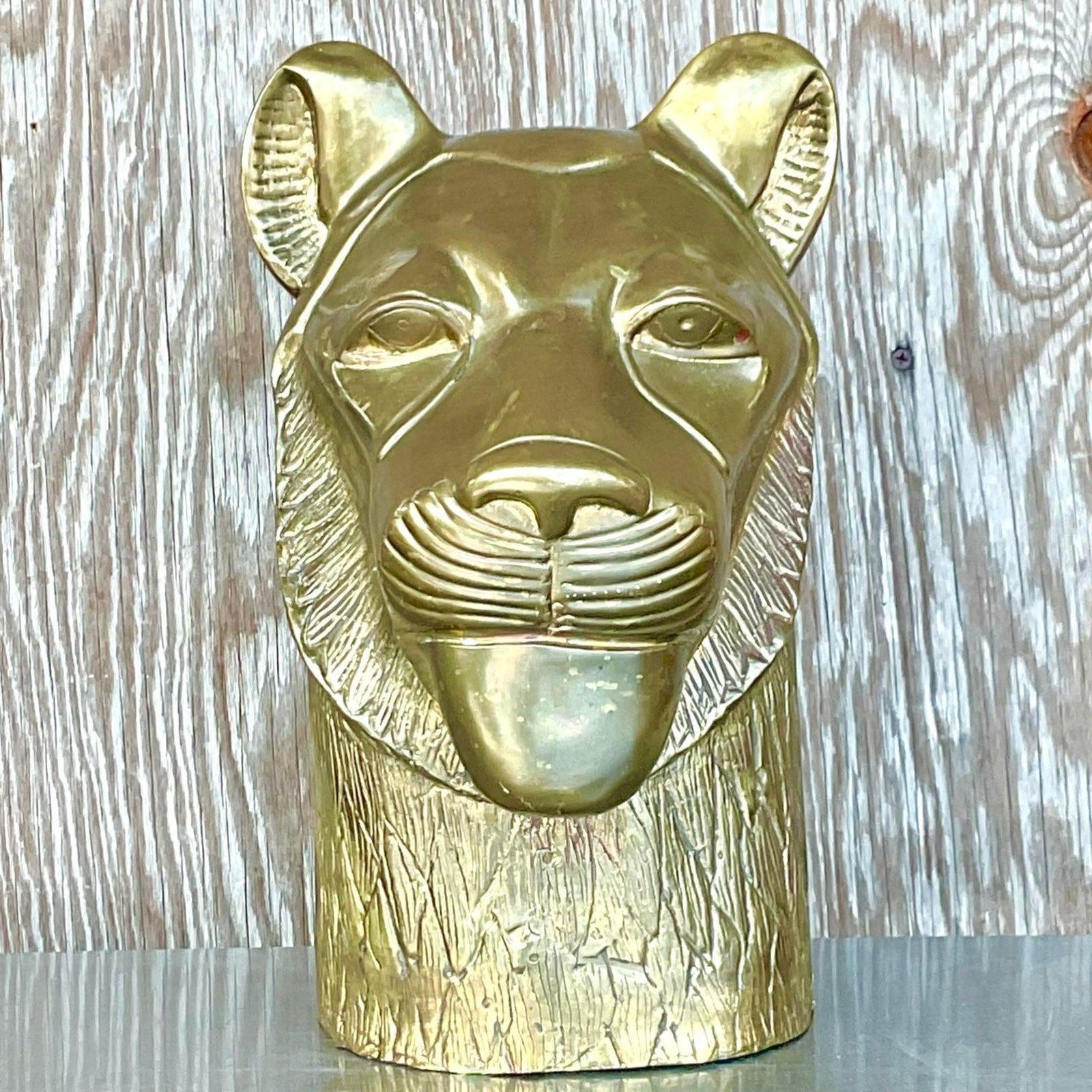Bohemian Vintage Chapman Brass Lioness Head Sculpture For Sale
