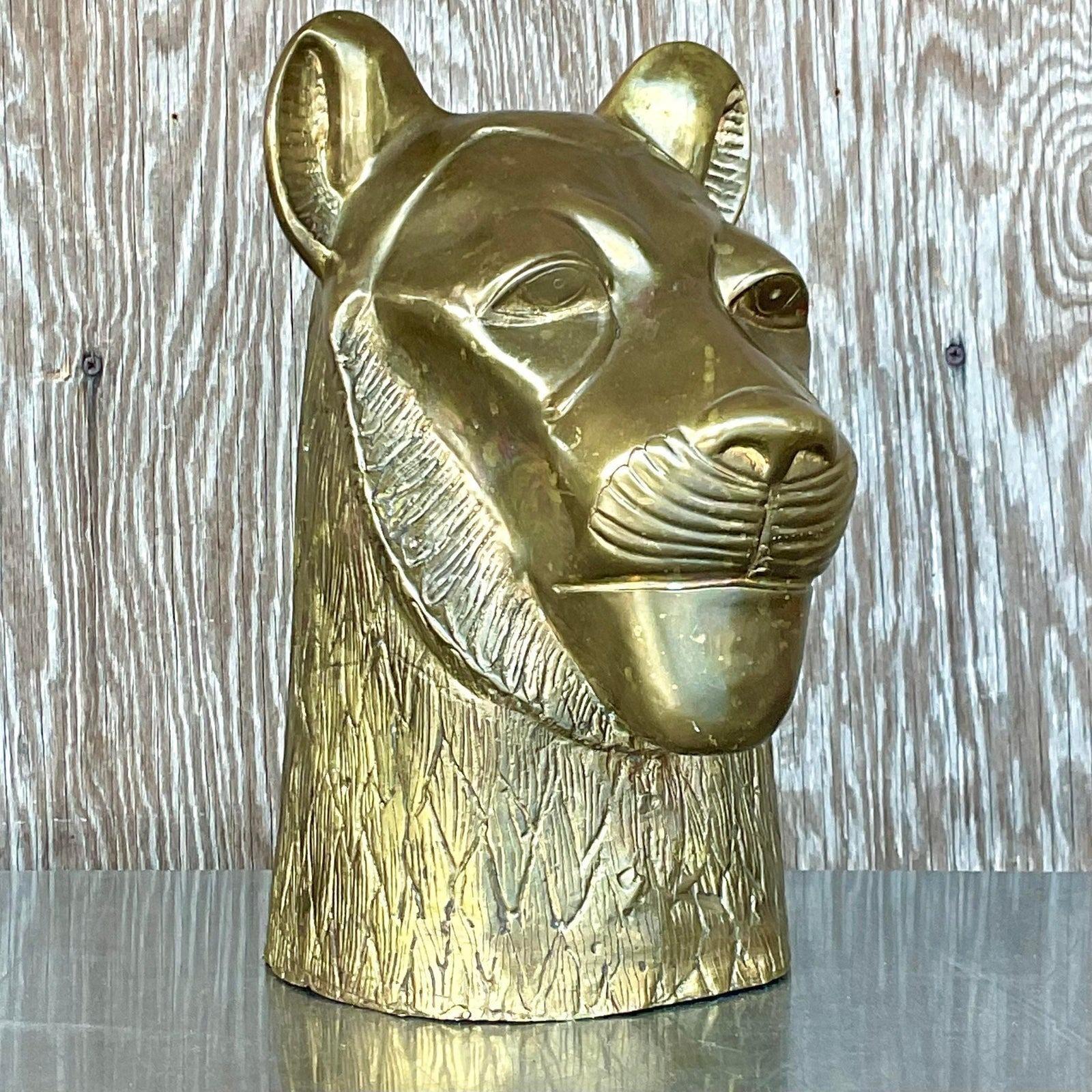 American Vintage Chapman Brass Lioness Head Sculpture For Sale