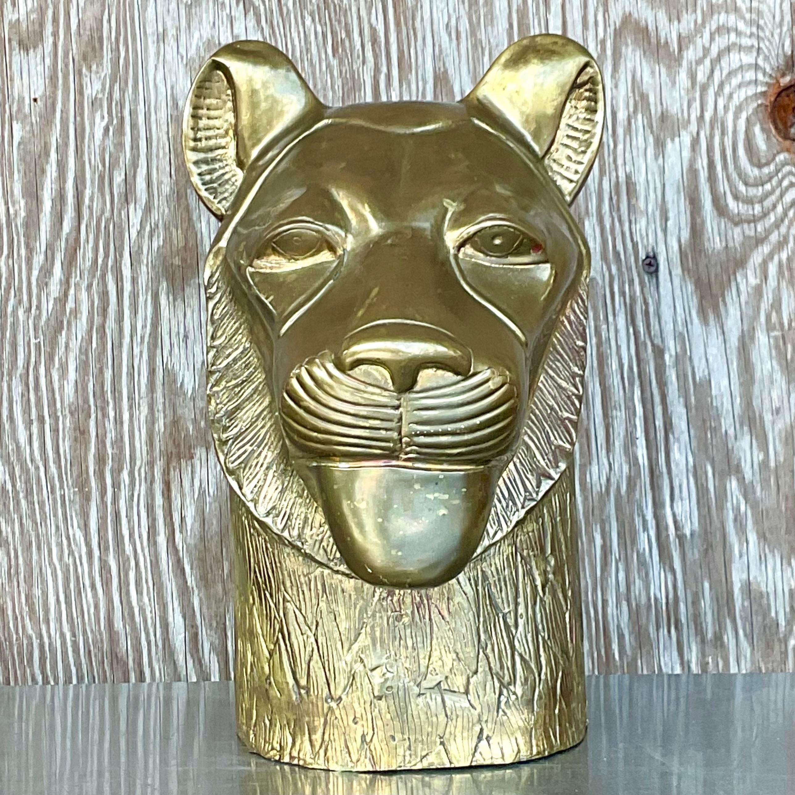 Vintage Chapman Brass Lioness Head Sculpture 1