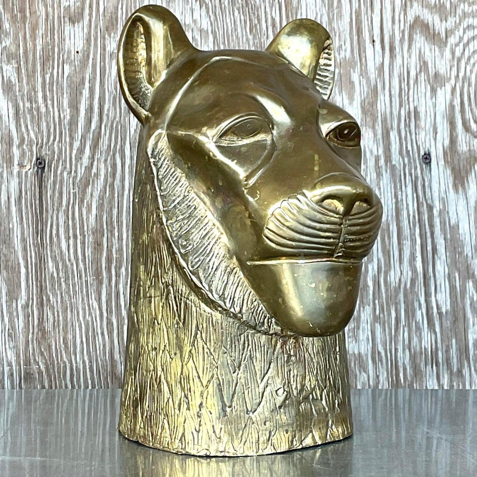 20th Century Vintage Chapman Brass Lioness Head Sculpture For Sale