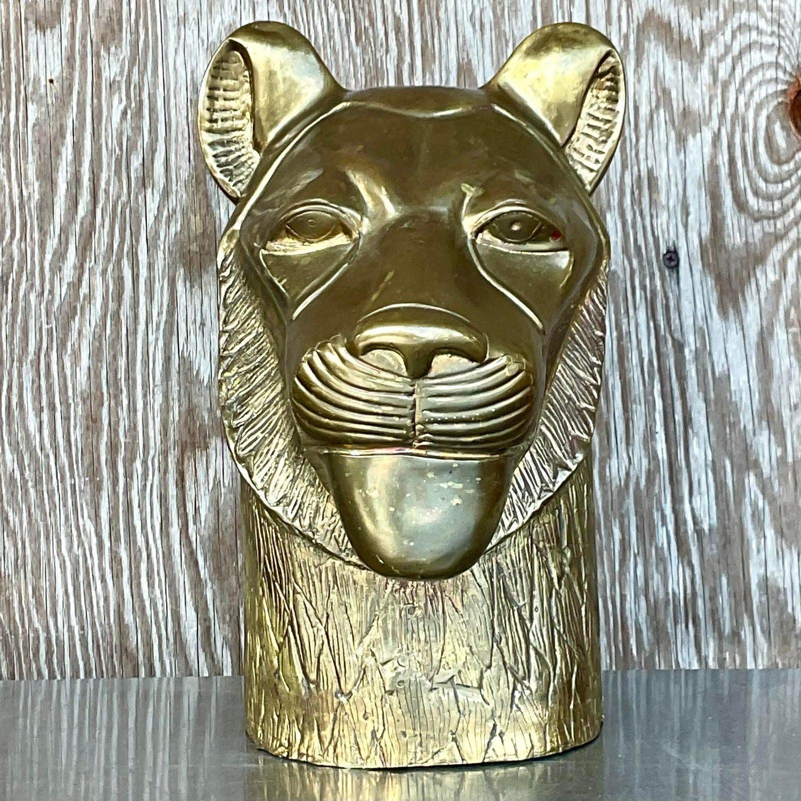 Vintage Chapman Brass Lioness Head Sculpture For Sale 1