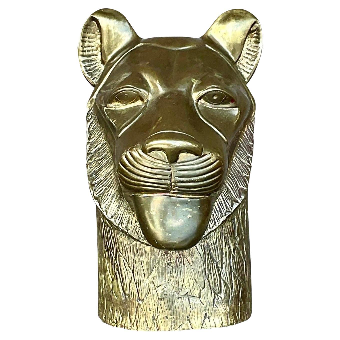 Vintage Chapman Brass Lioness Head Sculpture For Sale