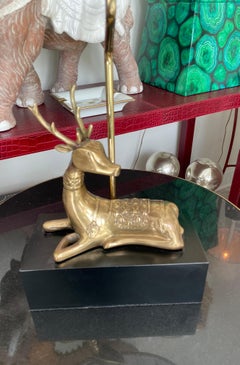 Vintage Chapman Brass Stag Desk Lamp, Black Wood Base, USA, 1980s