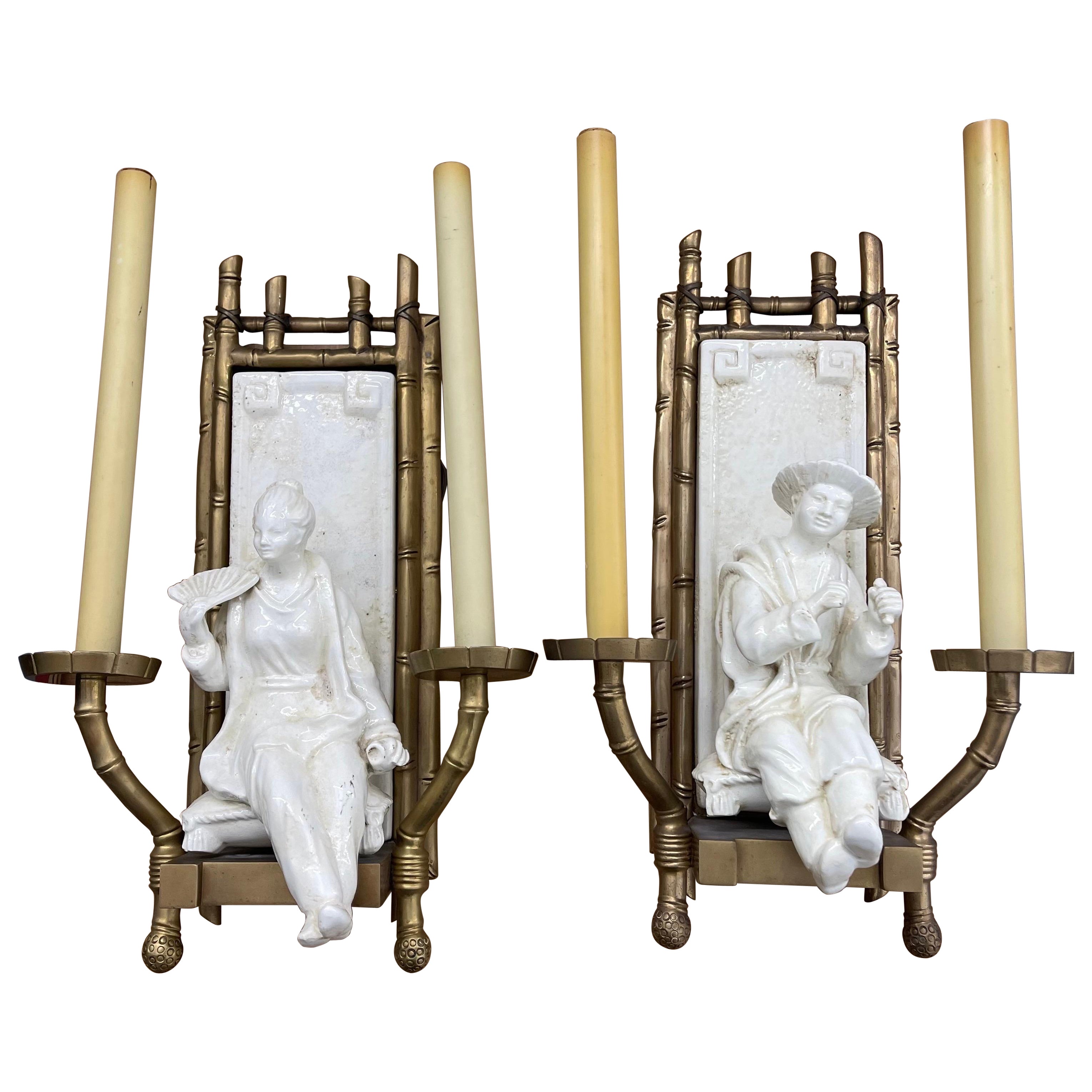 Vintage Chapman Chinoiserie Faux Bamboo Brass, Ceramic Two-Light Sconces, a Pair For Sale