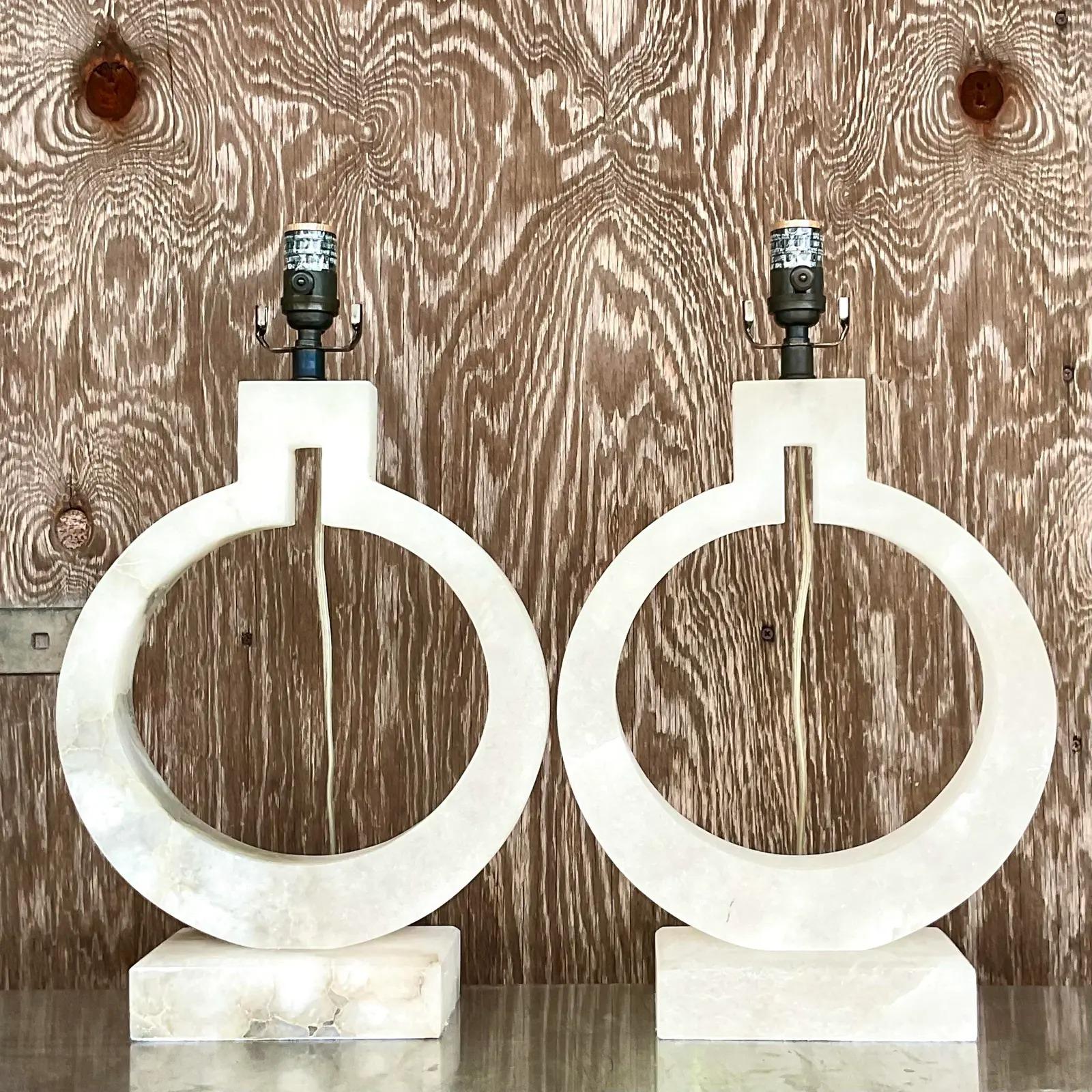 Vintage Chapman for Visual Comfort Faux Alabaster Ring Lamp- a Pair In Good Condition In west palm beach, FL