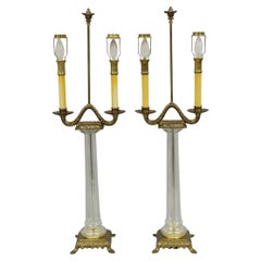 Vintage Chapman French Empire Glass Column Brass Candelabra Table Lamps - a Pair