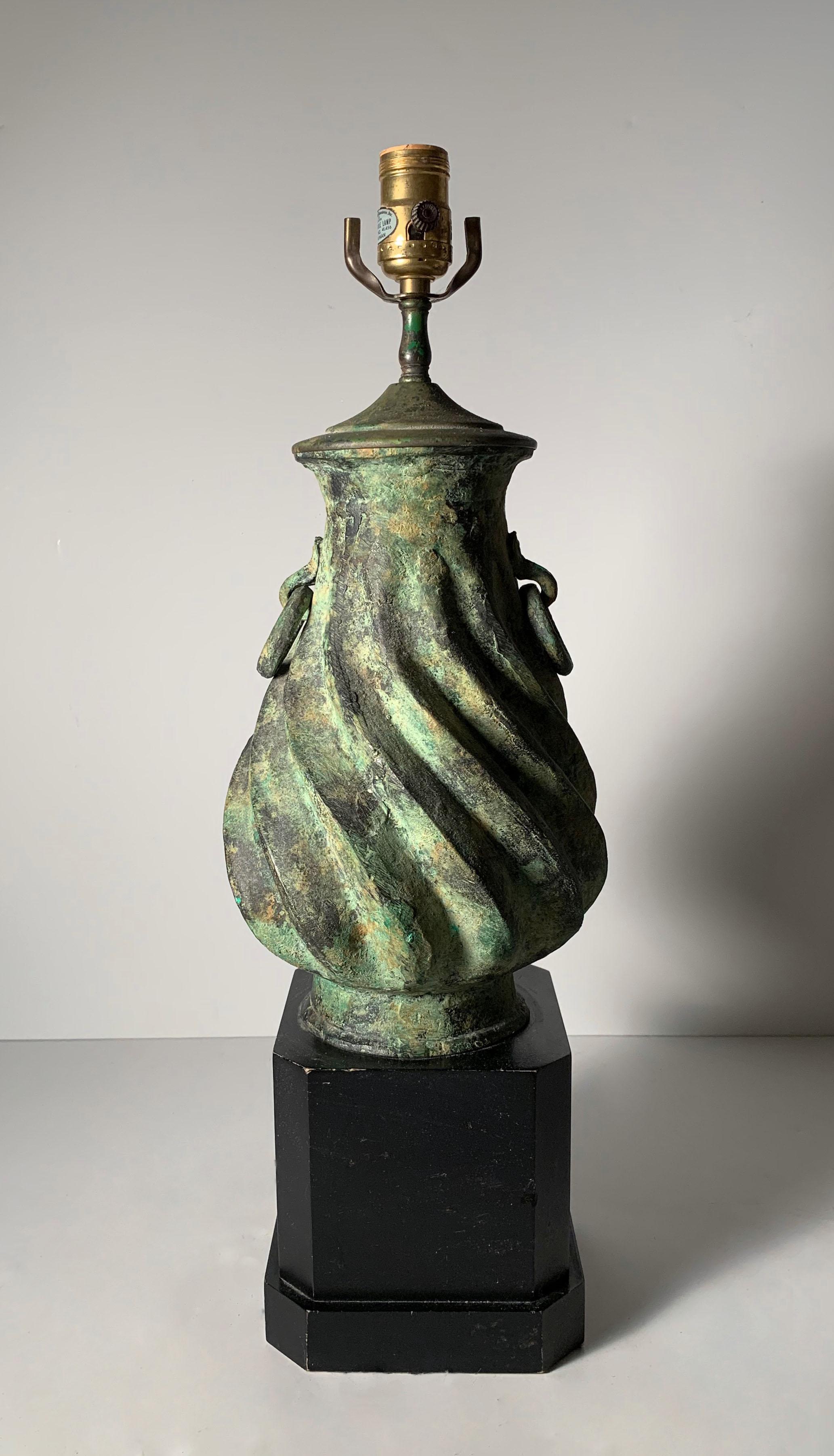 Vintage chapman oriental bronze urn table lamp with verdigris patina finish.