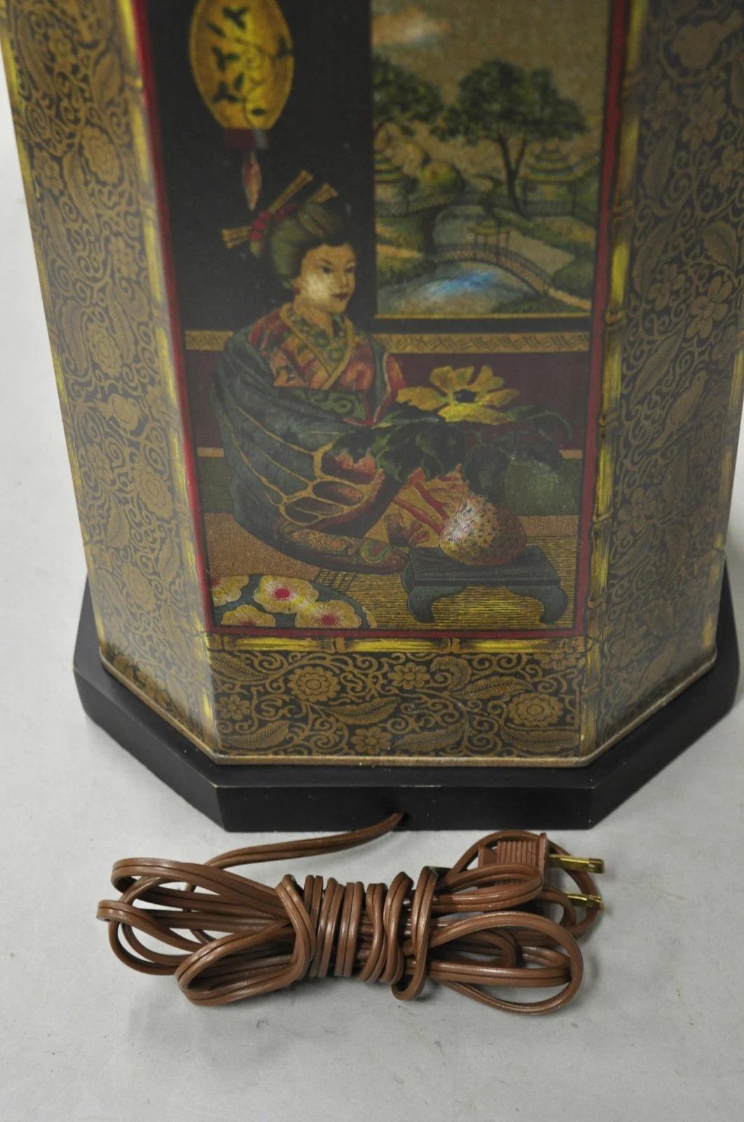 Vintage Chapman Oriental English Metal Tea Canister Figural Painted Table Lamp For Sale 4