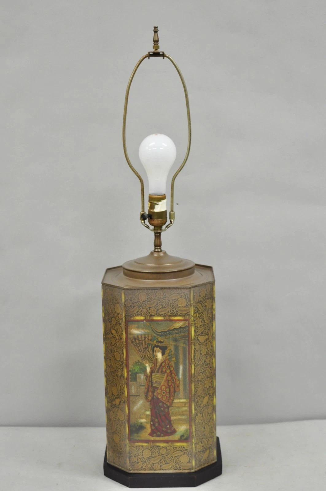Vintage Chapman Oriental English Metal Tea Canister Figural Painted Table Lamp For Sale 6