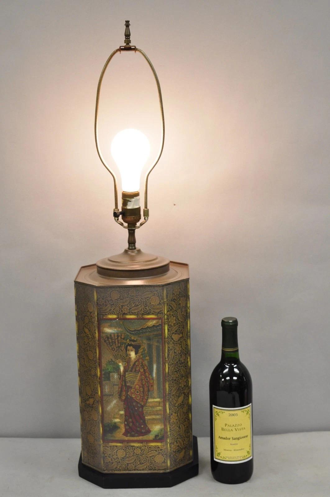 Vintage Chapman Oriental English Metal Tea Canister Figural Painted Table Lamp. Circa Late 20th Century. Measurements: 32