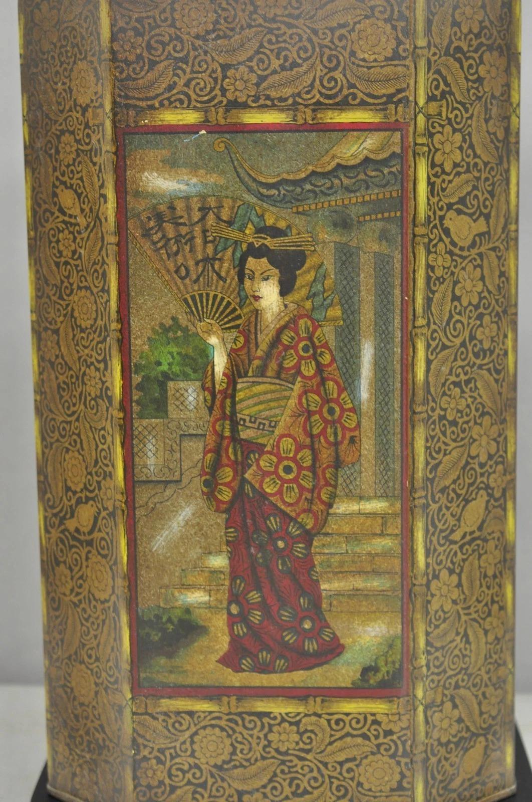 Chinoiserie Vintage Chapman Oriental English Metal Tea Canister Figural Painted Table Lamp For Sale