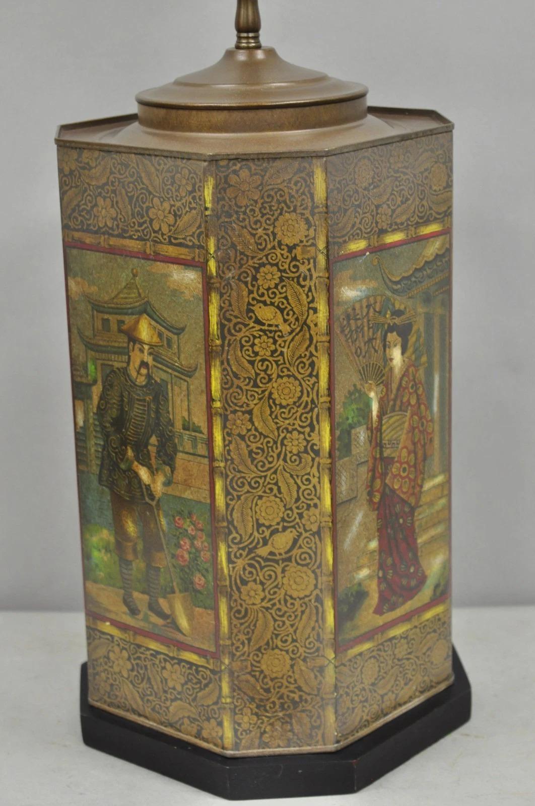 Unknown Vintage Chapman Oriental English Metal Tea Canister Figural Painted Table Lamp For Sale