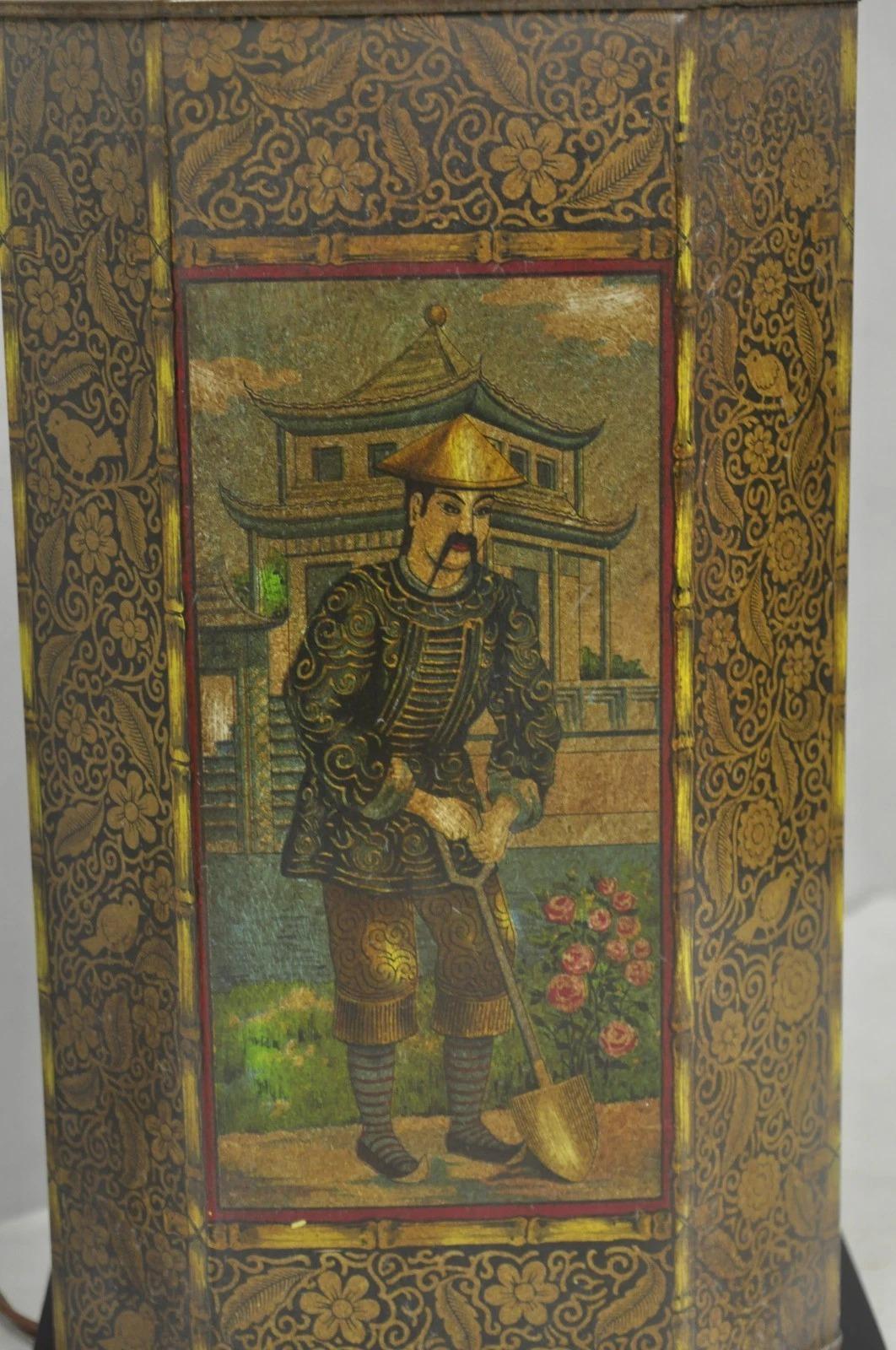 Vintage Chapman Oriental English Metal Tea Canister Figural Painted Table Lamp In Good Condition For Sale In Philadelphia, PA
