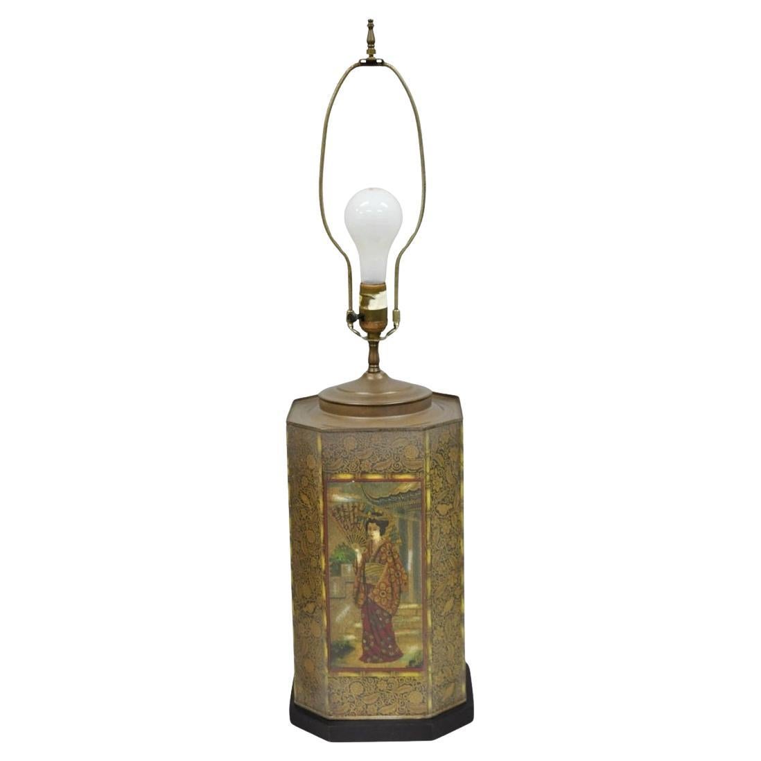Vintage Chapman Oriental English Metal Tea Canister Figural Painted Table Lamp For Sale