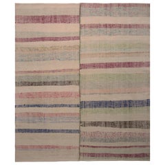 Vintage Chaput Geometric Striped Beige Brown Pink and Blue Wool Kilim Rug