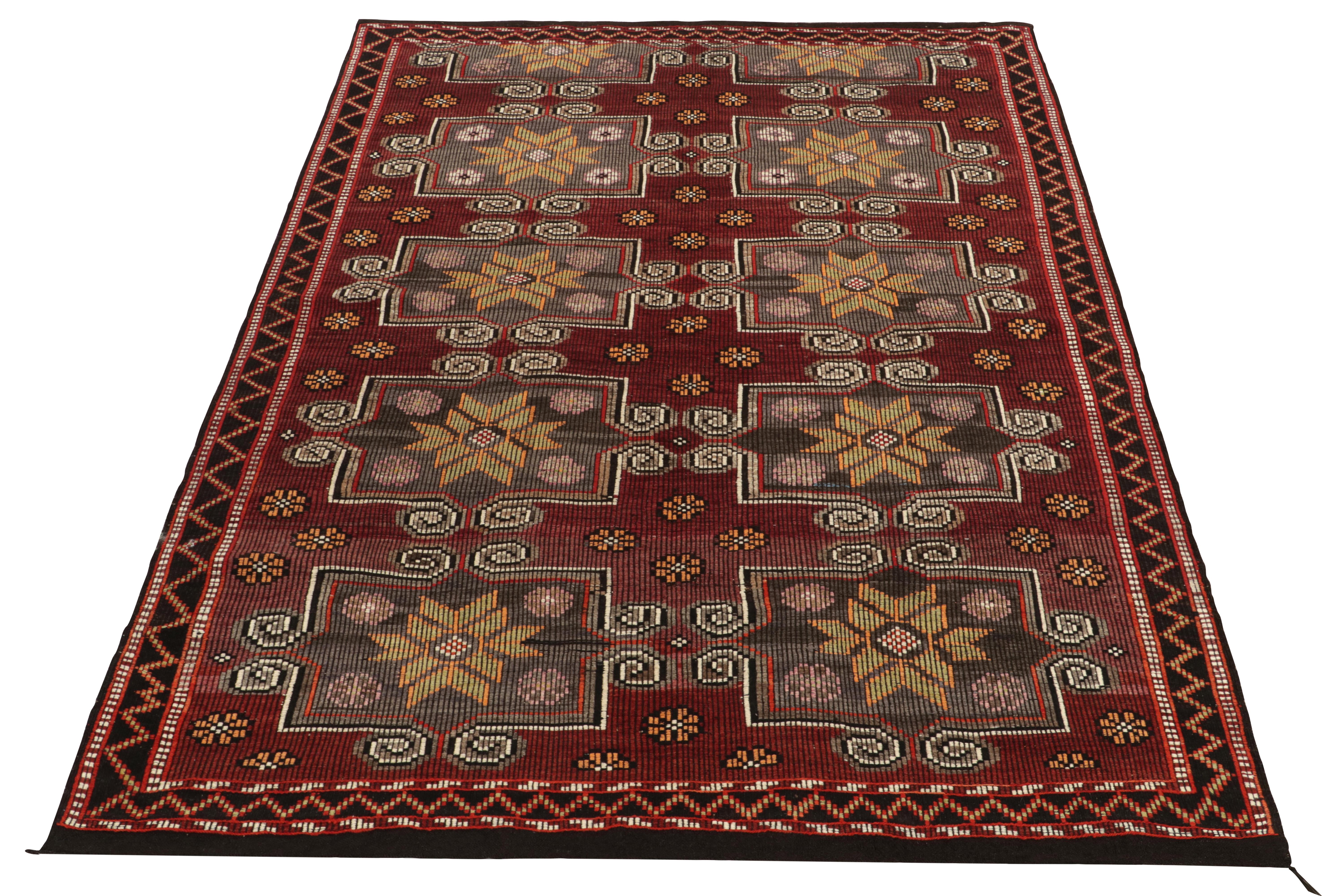 From the renowned vintage style, this 7x10 Chaput kilim enjoys a coveted position in our newest flatweave curations. 

This particular mid-century flatweave rug from Turkey enjoys impeccable embroidery & detailing in rich red, orange, brown &