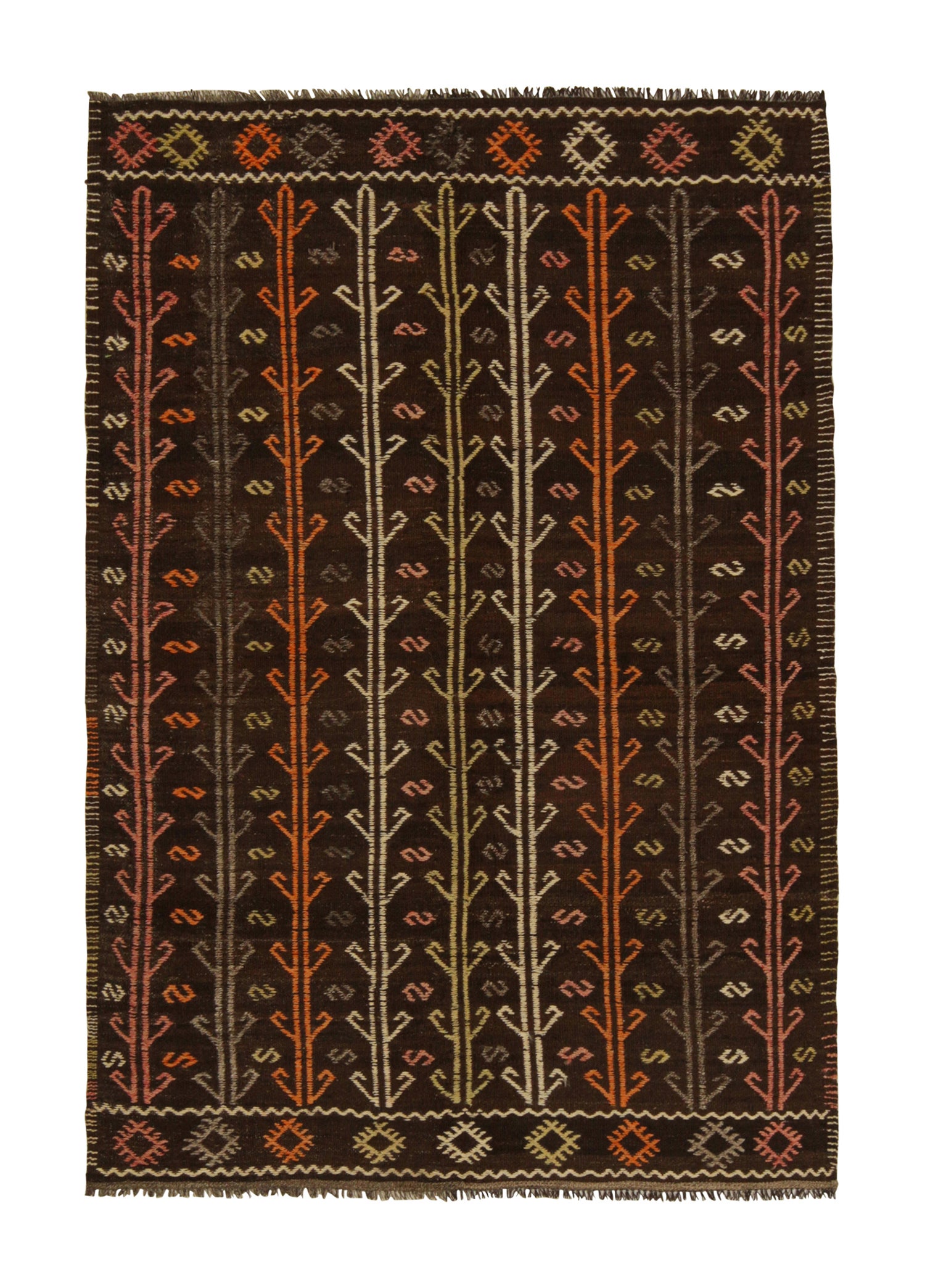 Vintage Vintage-Kelim im Chaput-Stil in Schwarz, Orange, Grau mit Stammesmuster von Rug &amp;amp; Kilim