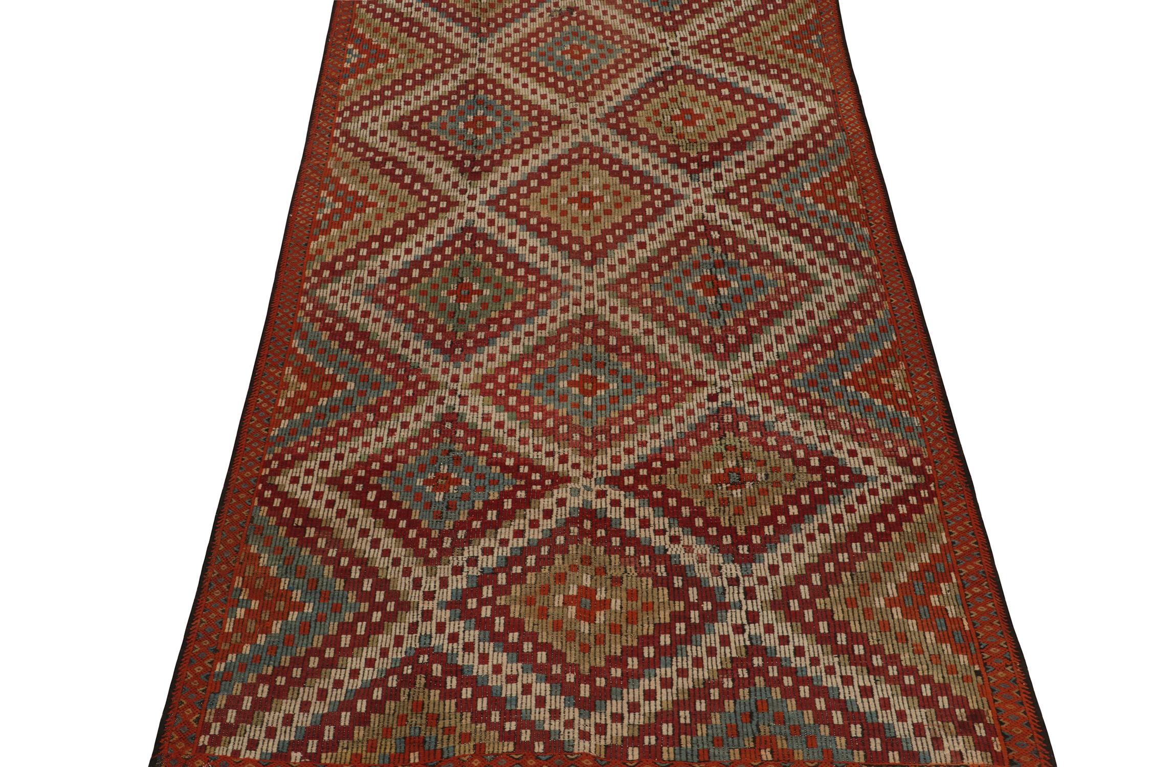 Tribal Vintage Chaput Style Kilim in Red Diamonds Blue and Green Accents by Rug & Kilim For Sale