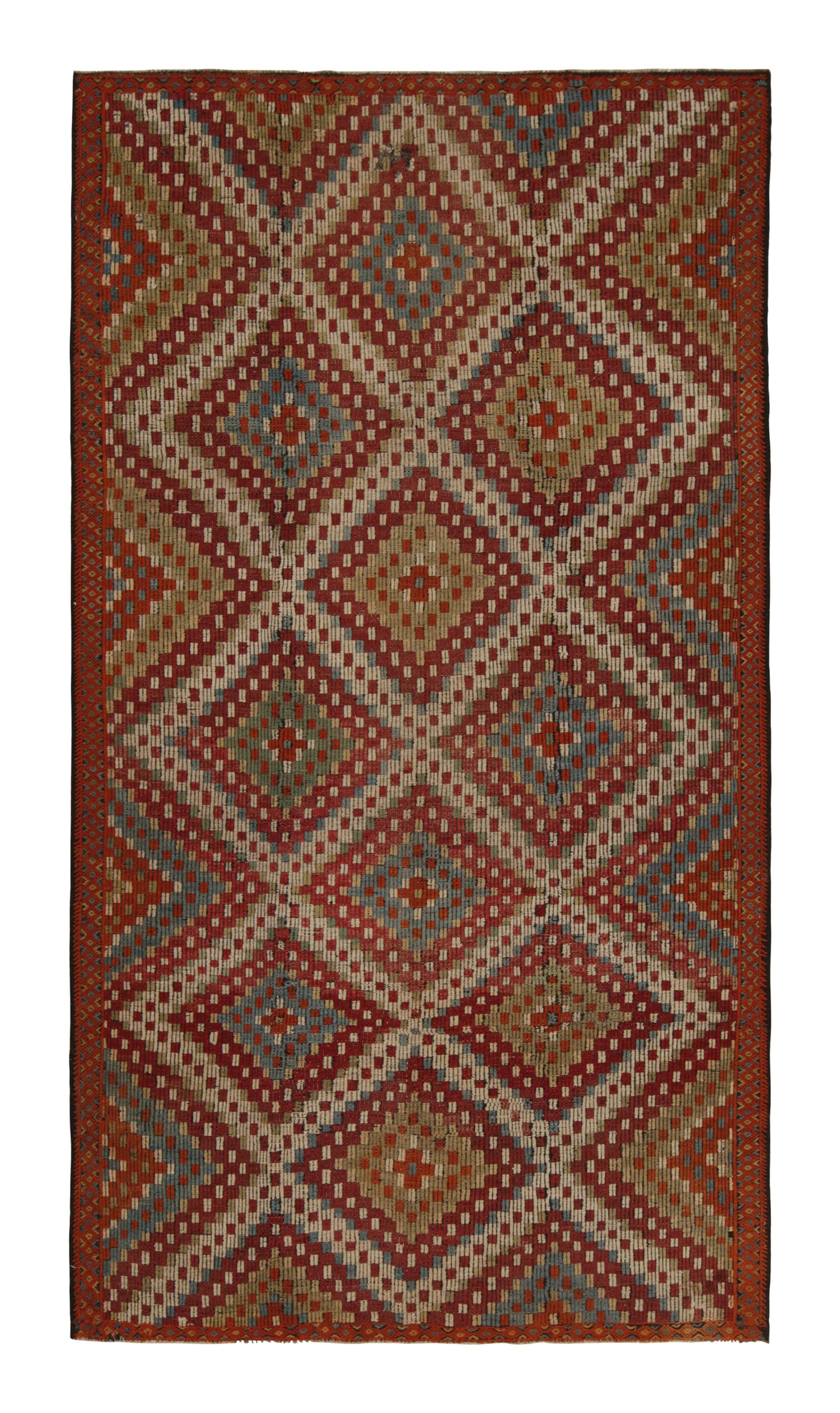 Vintage-Kelim im Chaput-Stil mit roten Diamanten, blauen und grünen Akzenten von Teppich & Kelim