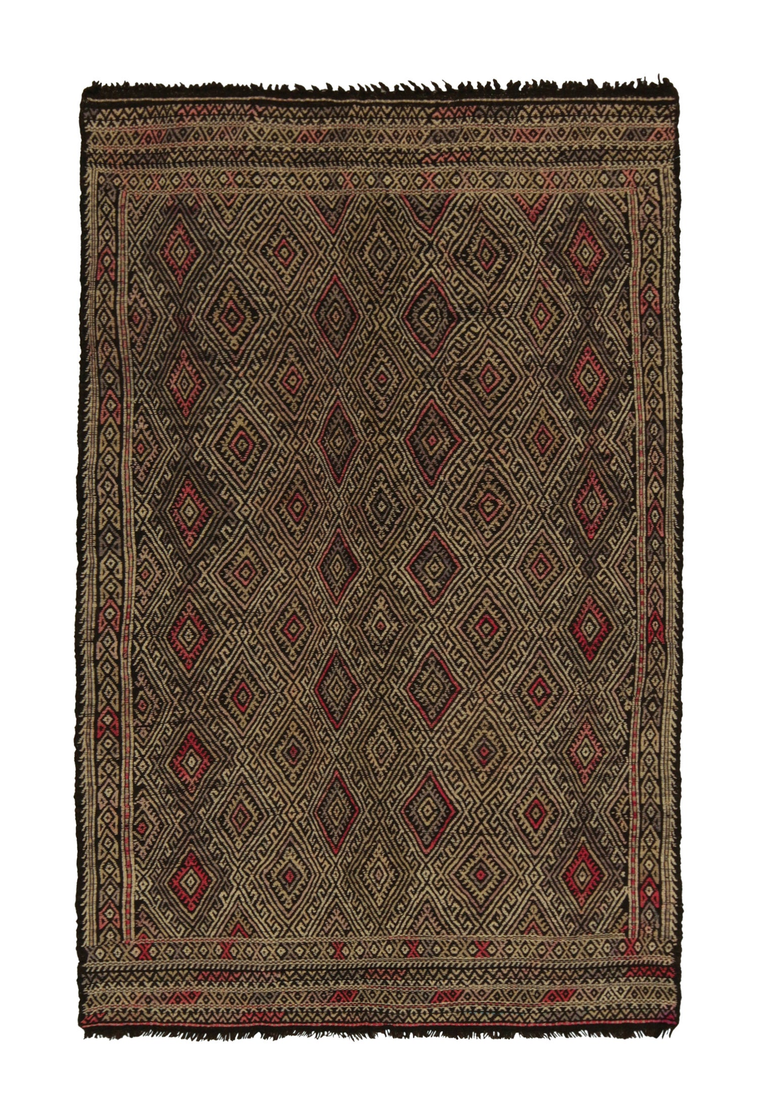 Vintage Chaput Tribal Kilim Beige-Brown and Red Diamond Pattern by Rug & Kilim For Sale