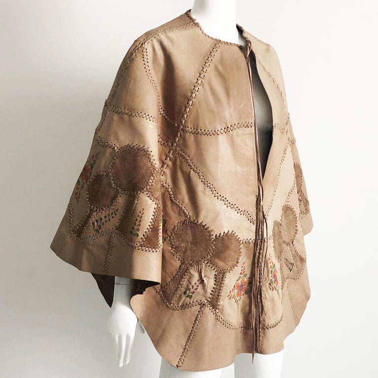 Vintage Char Leather Poncho Whipstitch Hand Painted Cape 70s Sz M at ...