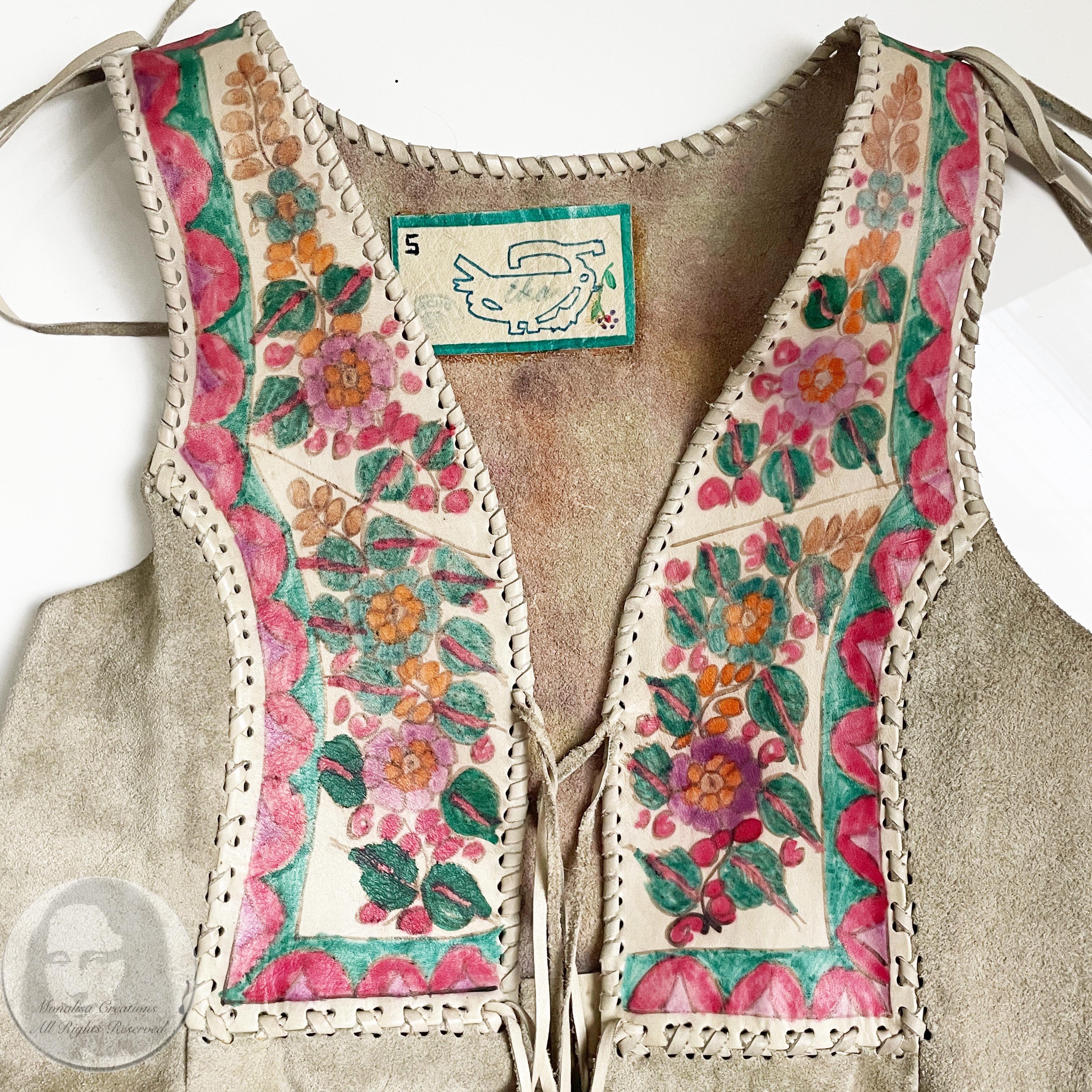Women's or Men's Vintage Char Long Vest Festival Dress Duster Suede Leather Hand Painted Floral S