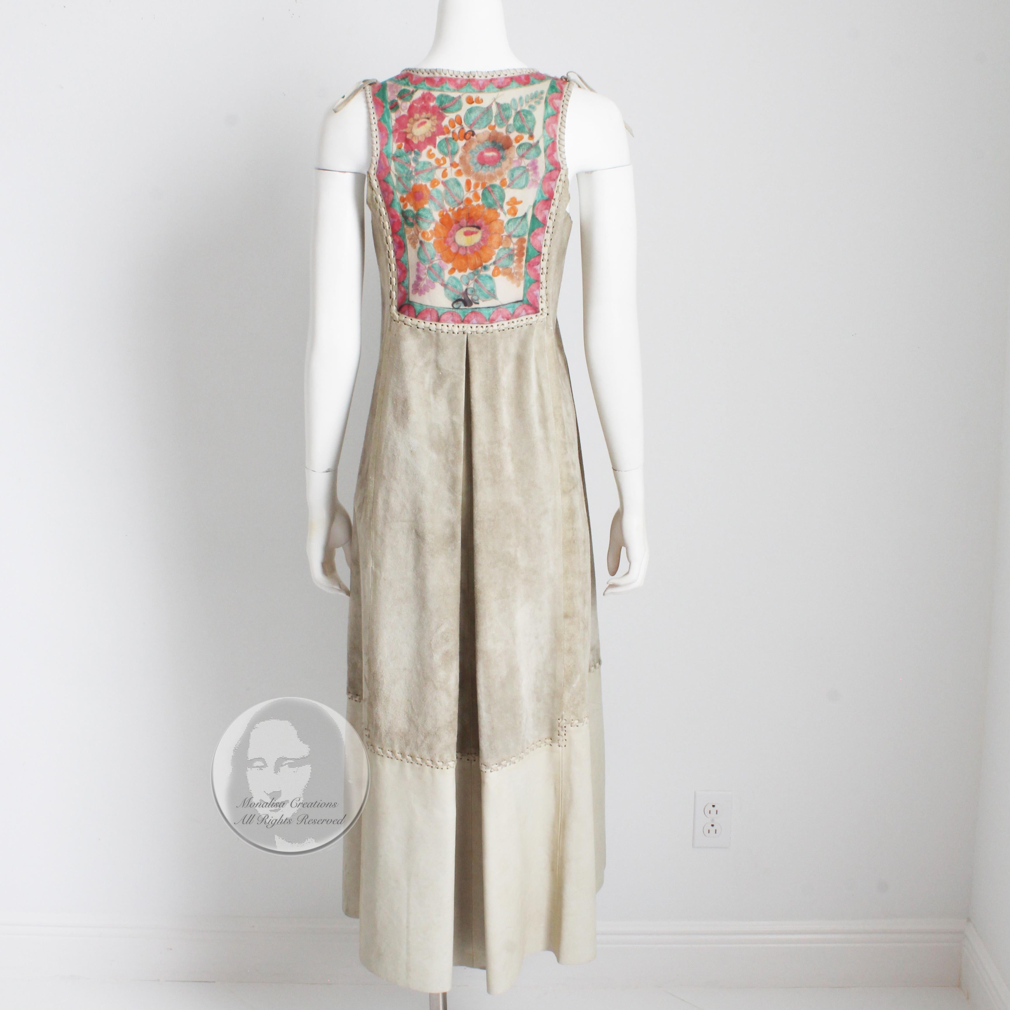 Vintage Char Long Vest Festival Dress Duster Suede Leather Hand Painted Floral S 3