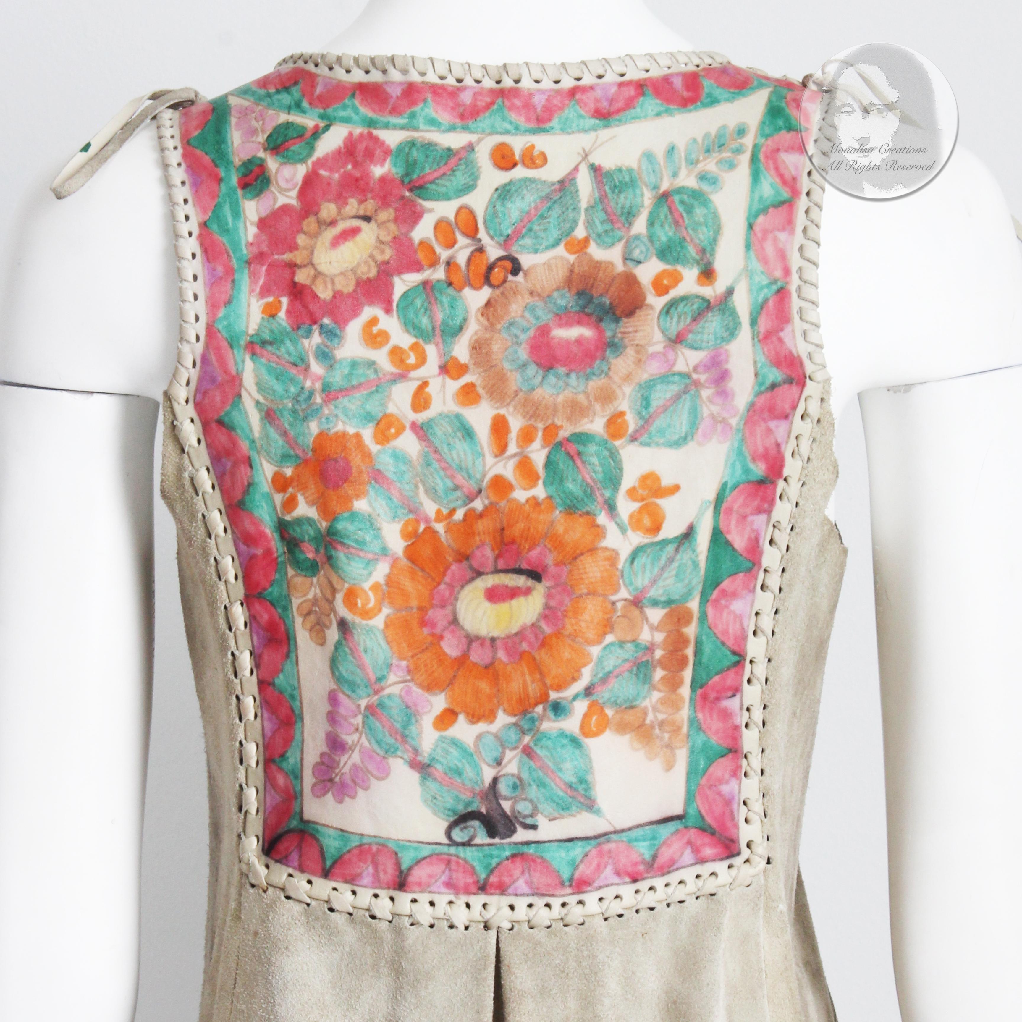 Vintage Char Long Vest Festival Dress Duster Suede Leather Hand Painted Floral S 4