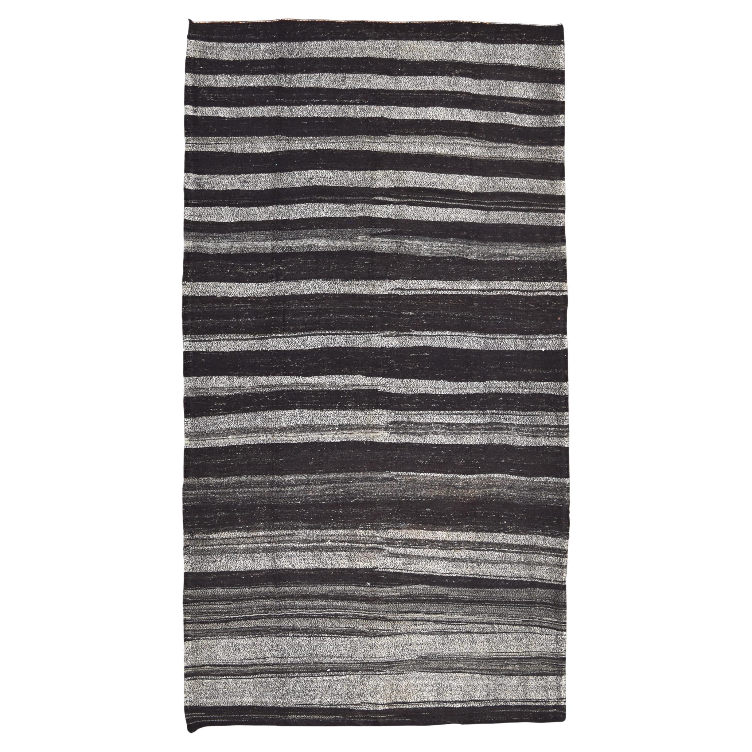 Vintage Charcoal and Gray Striped Goat Hair Kilim 6'5''x12'
