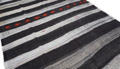 Vintage Charcoal and Gray Striped with Red Motif Kilim 5'8''x12'8''