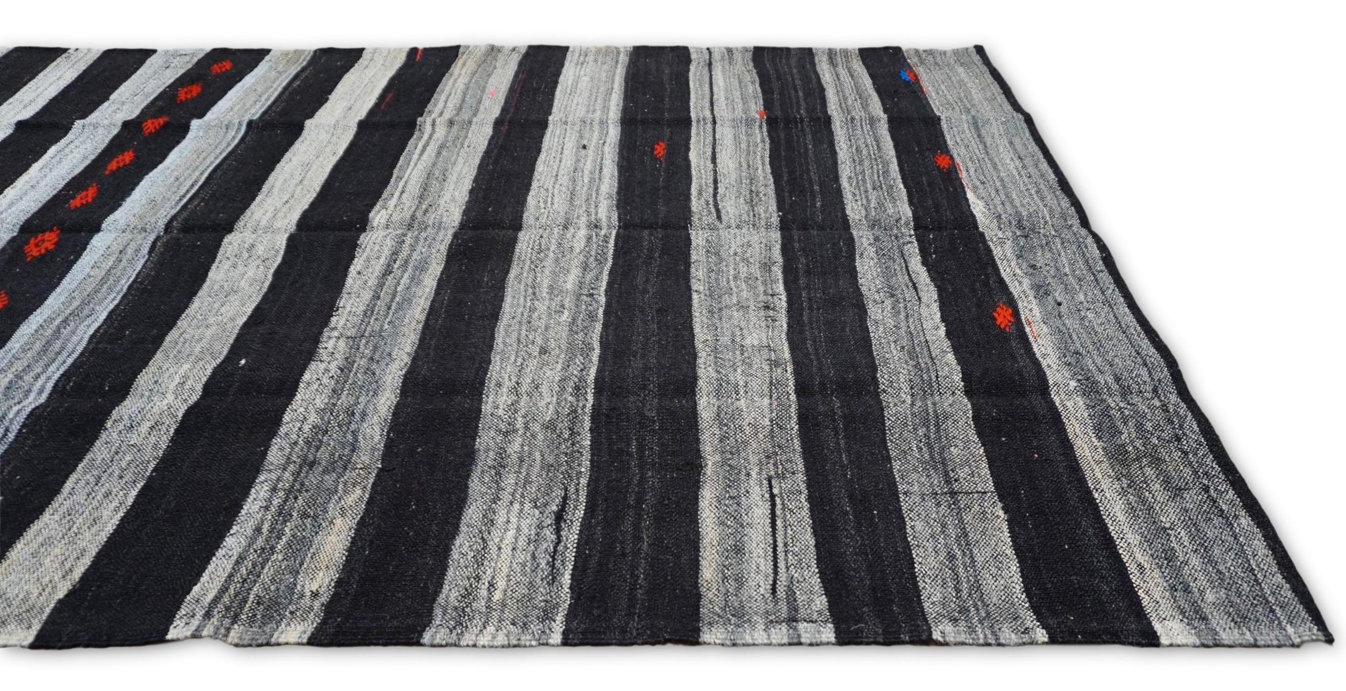 Modern Vintage Charcoal and Gray Striped with Red Motif Kilim 5'8''x12'8'' For Sale
