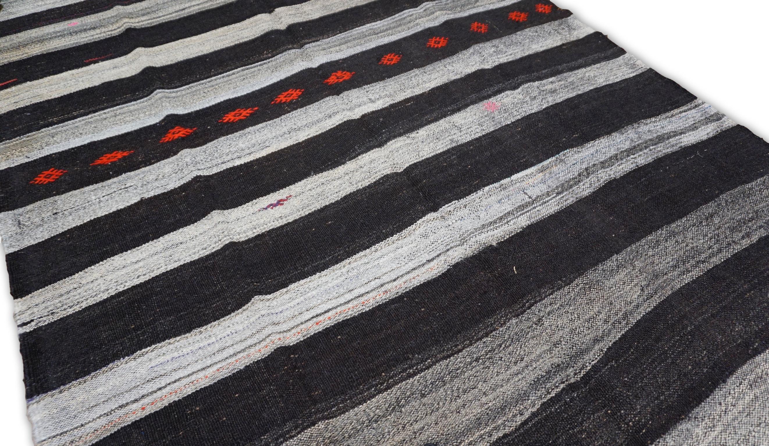 Turkish Vintage Charcoal and Gray Striped with Red Motif Kilim 5'8''x12'8'' For Sale