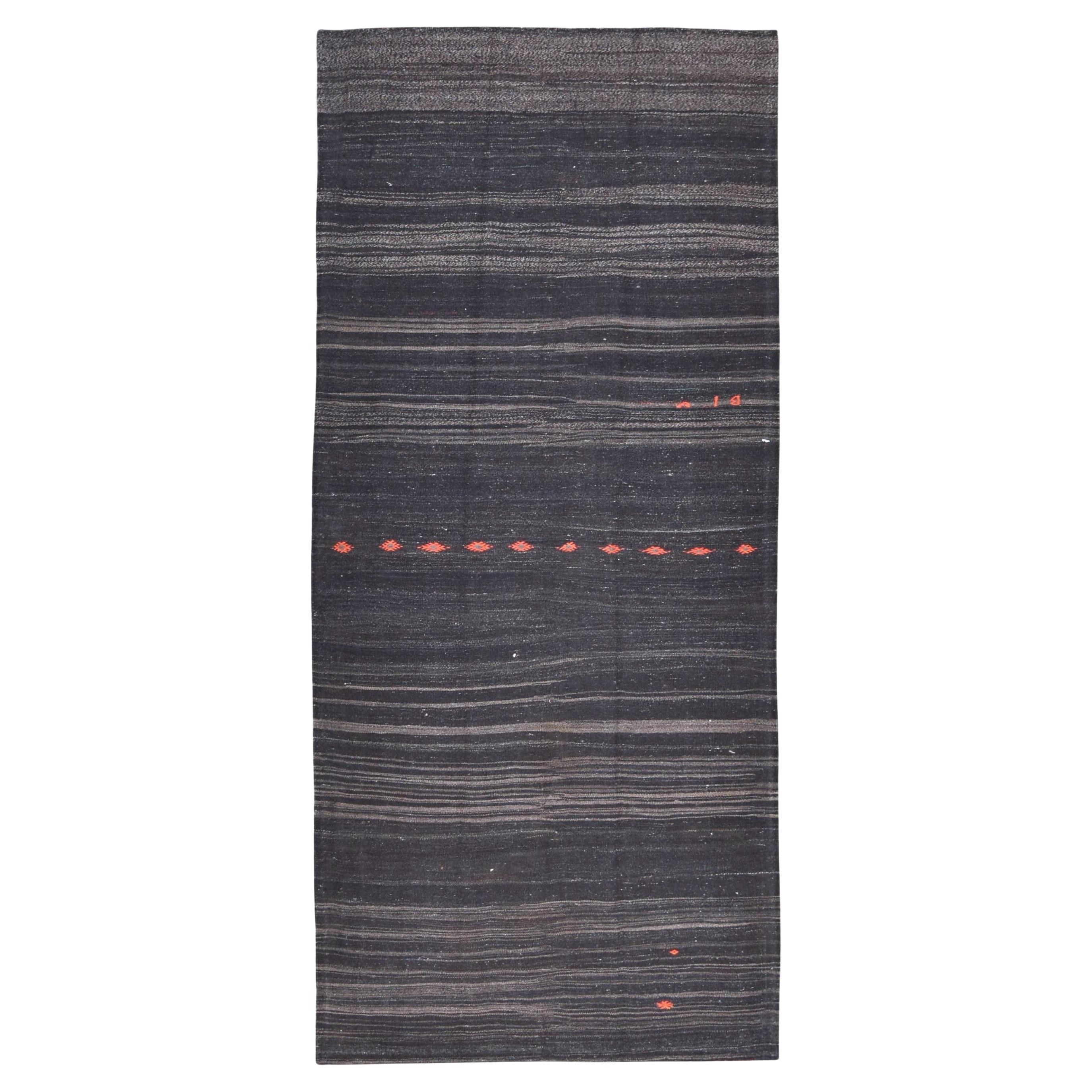Vintage Charcoal Brown with Orange Geometric Accents Wool Kilim 5'x11'1''