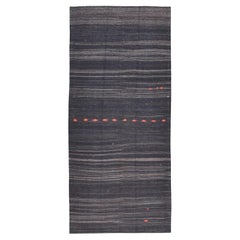 Vintage Charcoal Brown with Orange Geometric Accents Wool Kilim 5'x11'1''