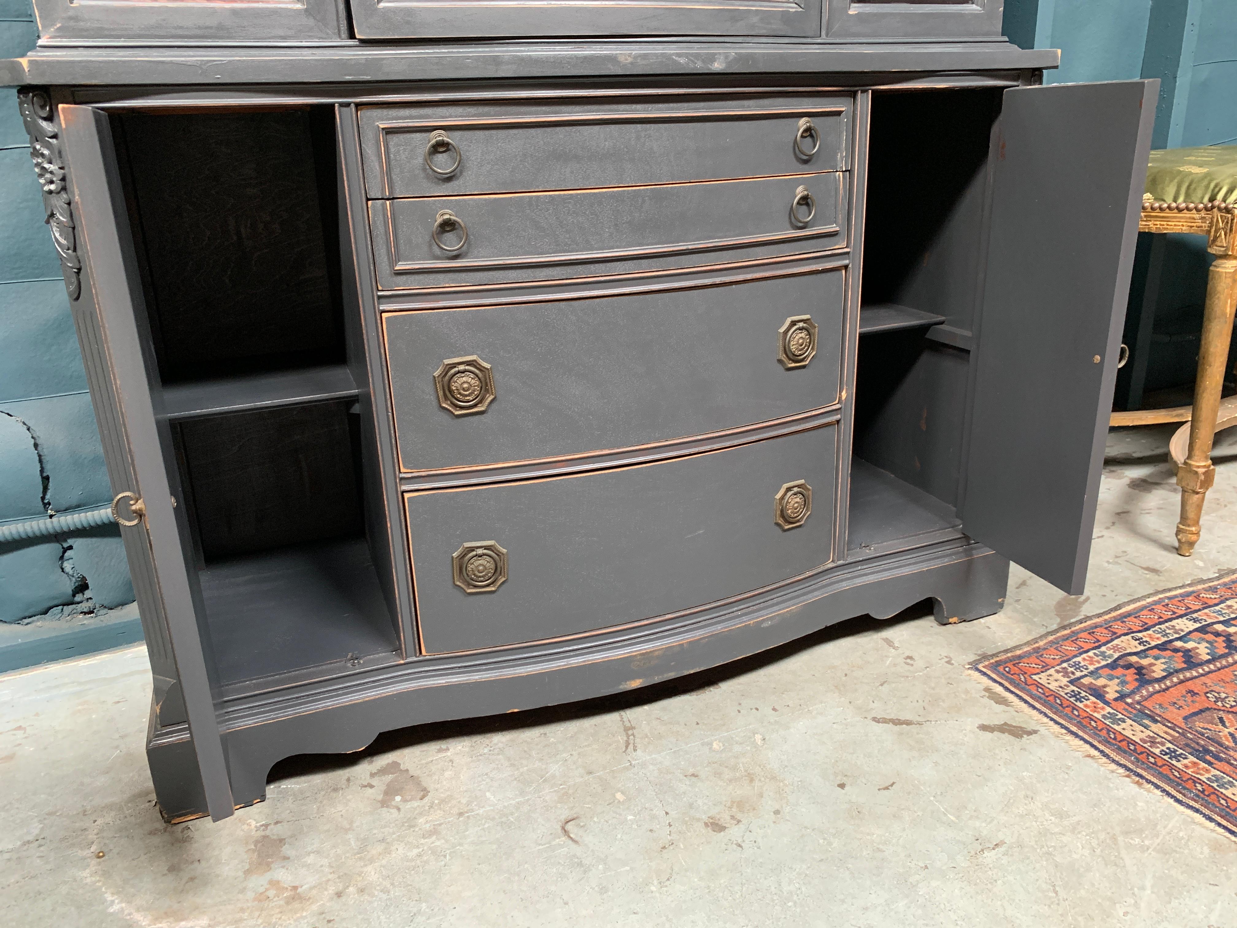 Mid-20th Century Large Gray Hutch with Glass Cabinet Top, Circa 1940’s