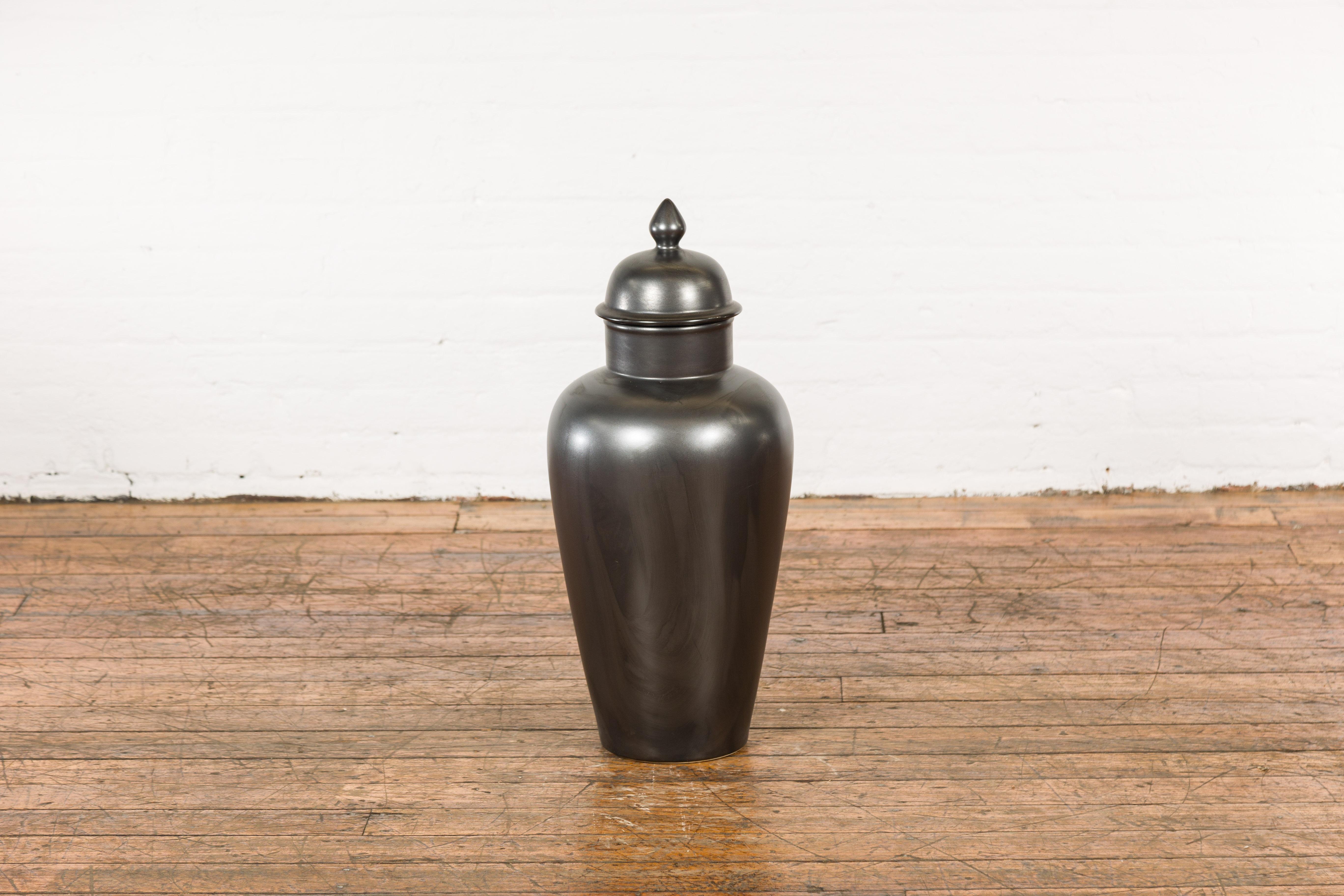 Vintage Charcoal Lidded Altar Vase with Stylized Acorn Finial For Sale 4