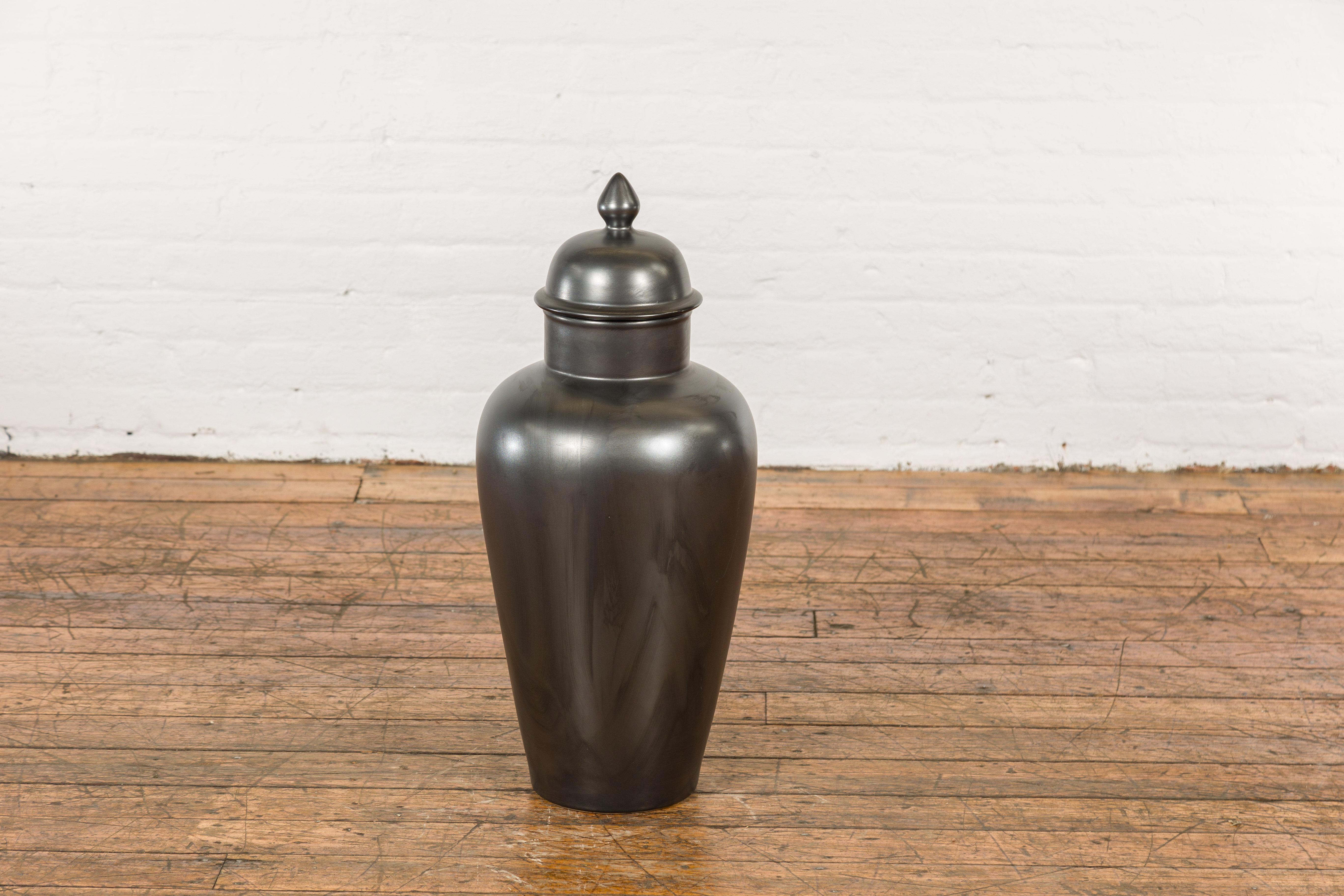 Vintage Charcoal Lidded Altar Vase with Stylized Acorn Finial For Sale 6
