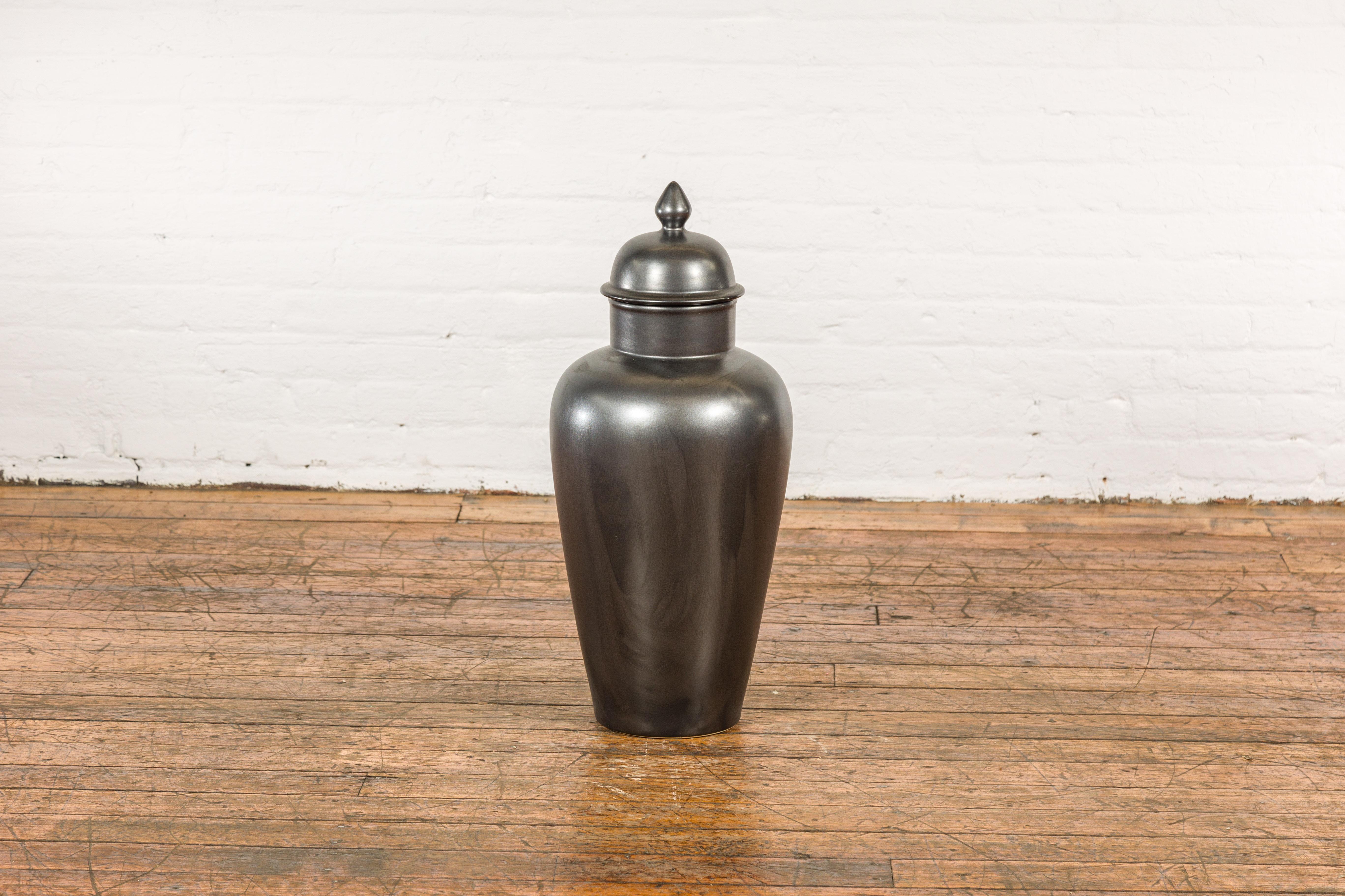 Glazed Vintage Charcoal Lidded Altar Vase with Stylized Acorn Finial For Sale