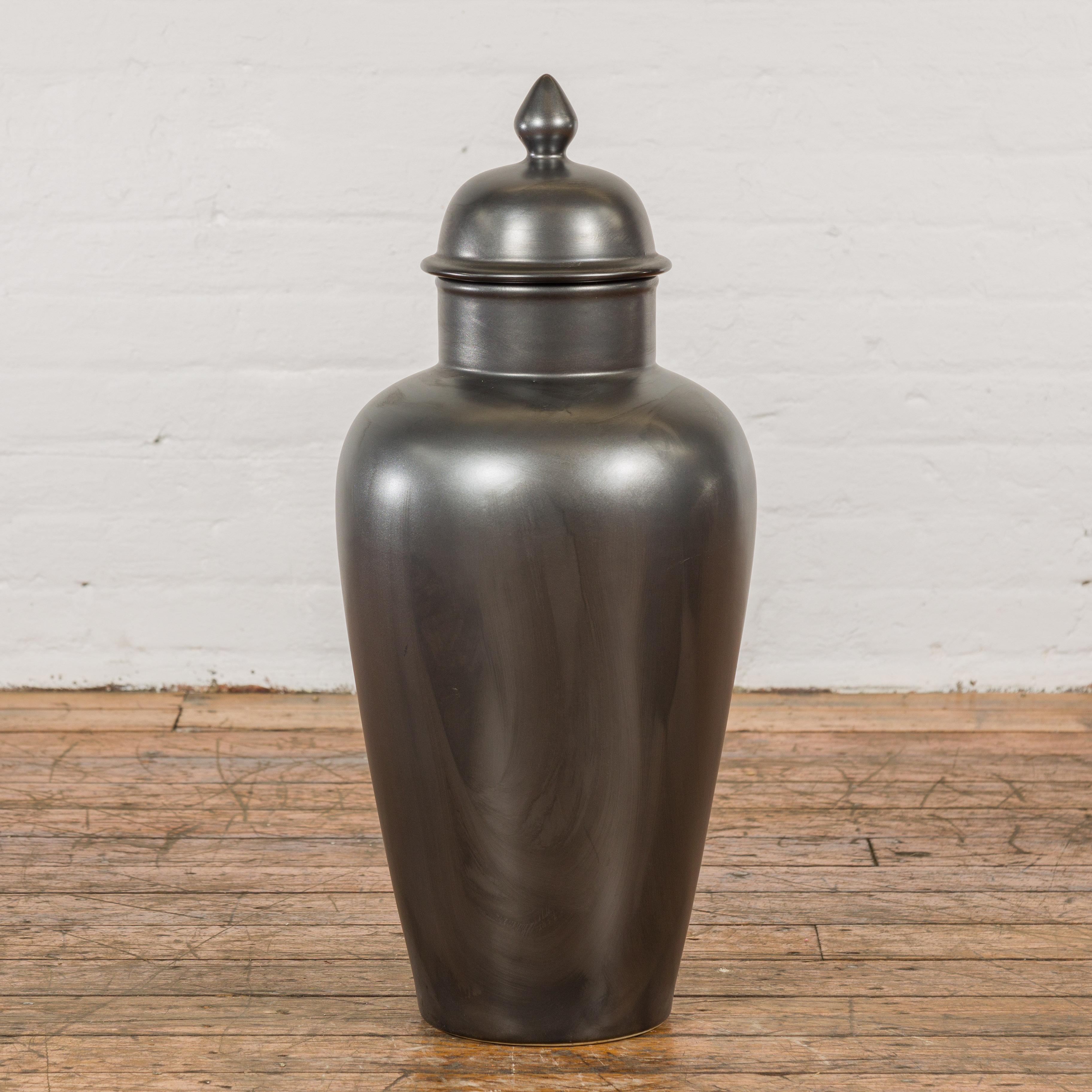 Vintage Charcoal Lidded Altar Vase with Stylized Acorn Finial In Good Condition For Sale In Yonkers, NY