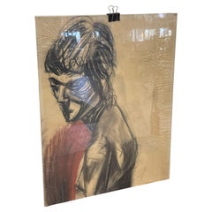 Dibujo vintage al carboncillo de una mujer sobre papel, obra de arte figurativa moderna