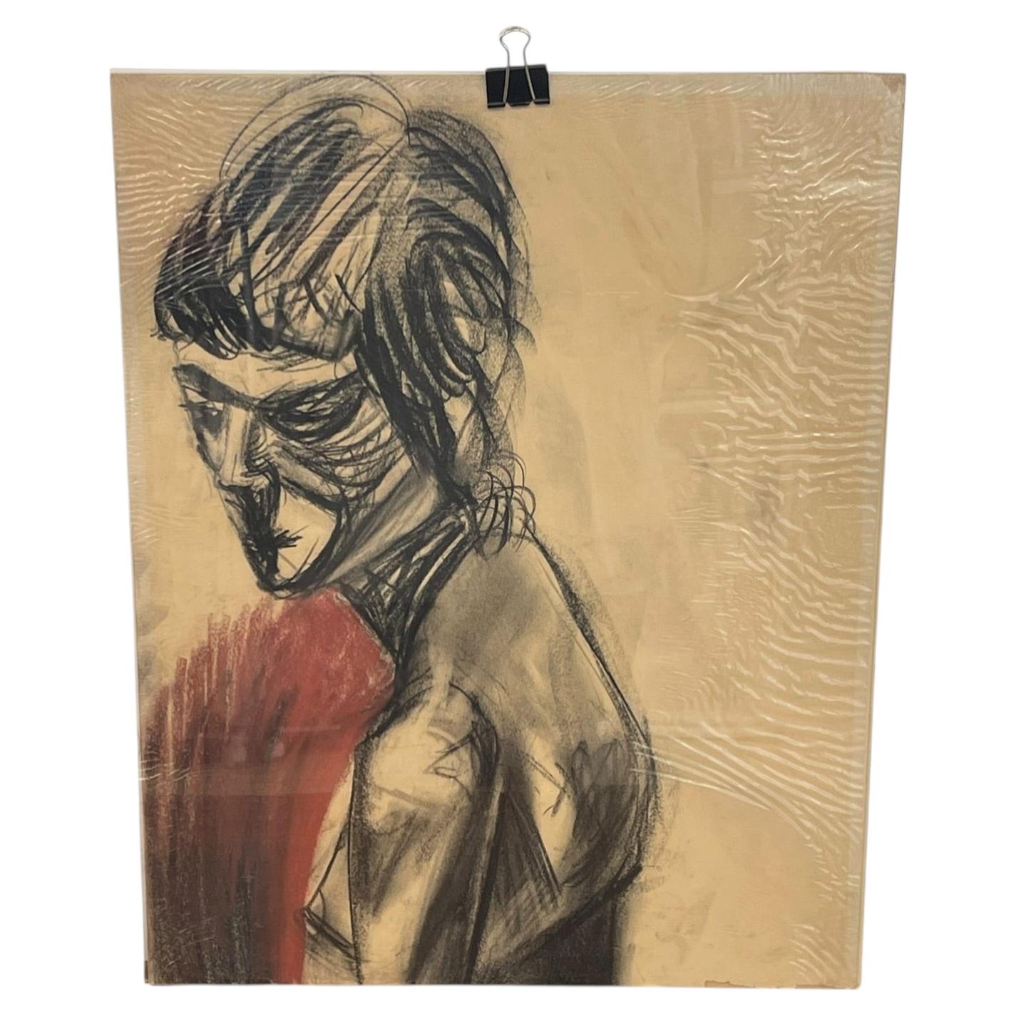 Vintage Charcoal Portrait Drawing of a Woman on Paper, Modern Figurative Artwork